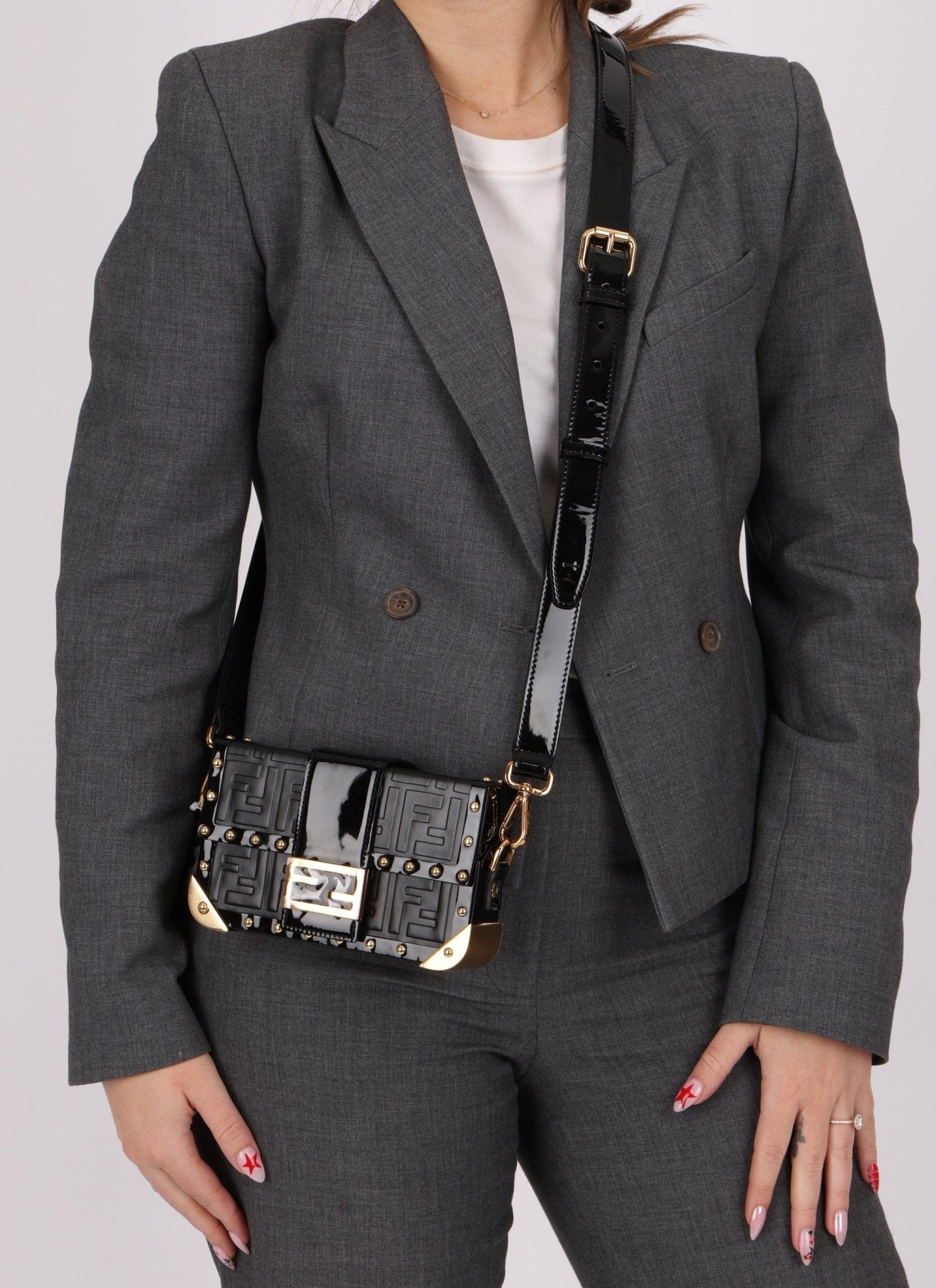 Fendi Zucca Calfskin Leather & Patent Trunk Mini Baguette - FashioNica