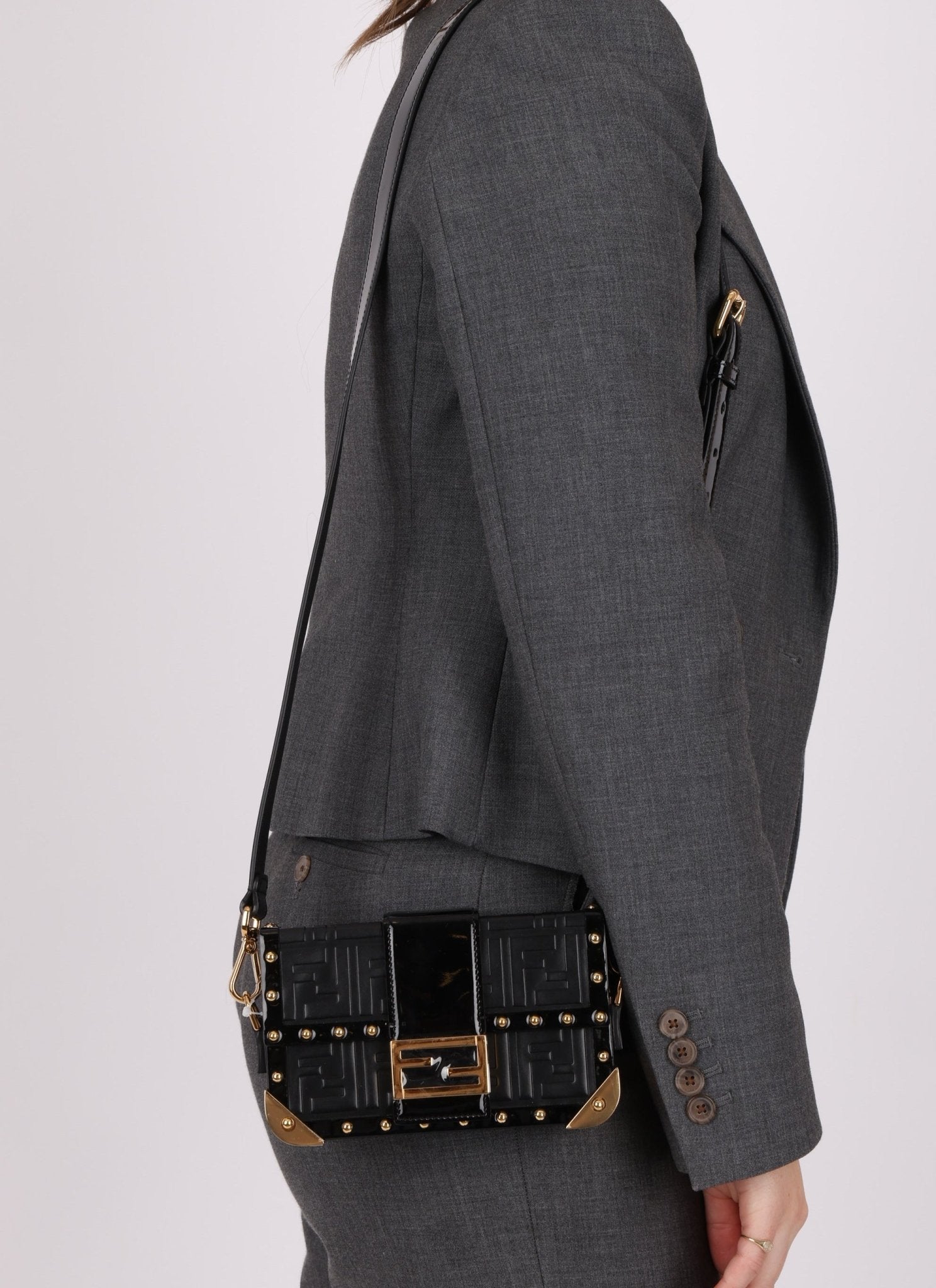 Fendi Zucca Calfskin Leather & Patent Trunk Mini Baguette - FashioNica