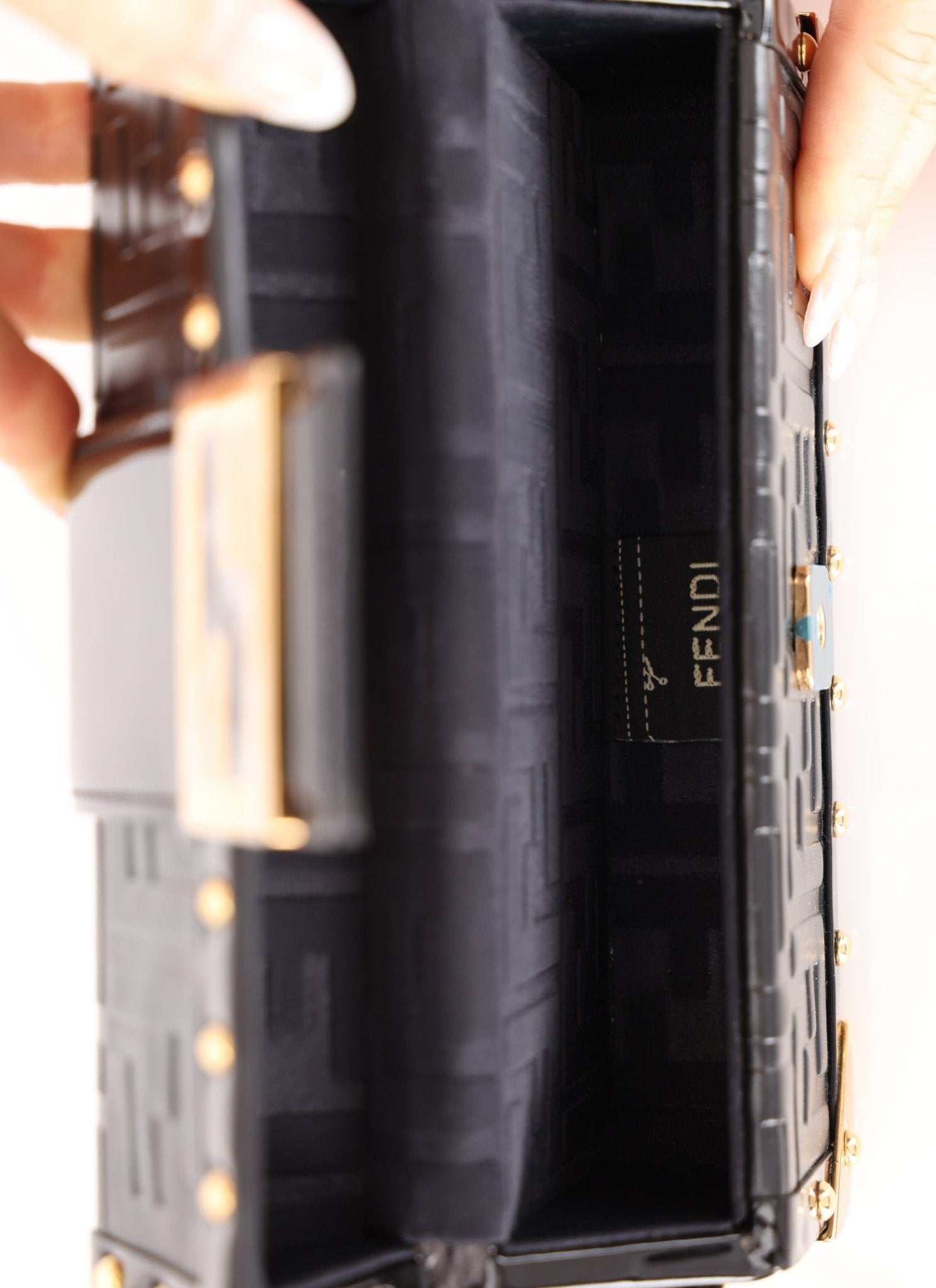 Fendi Zucca Calfskin Leather & Patent Trunk Mini Baguette - FashioNica