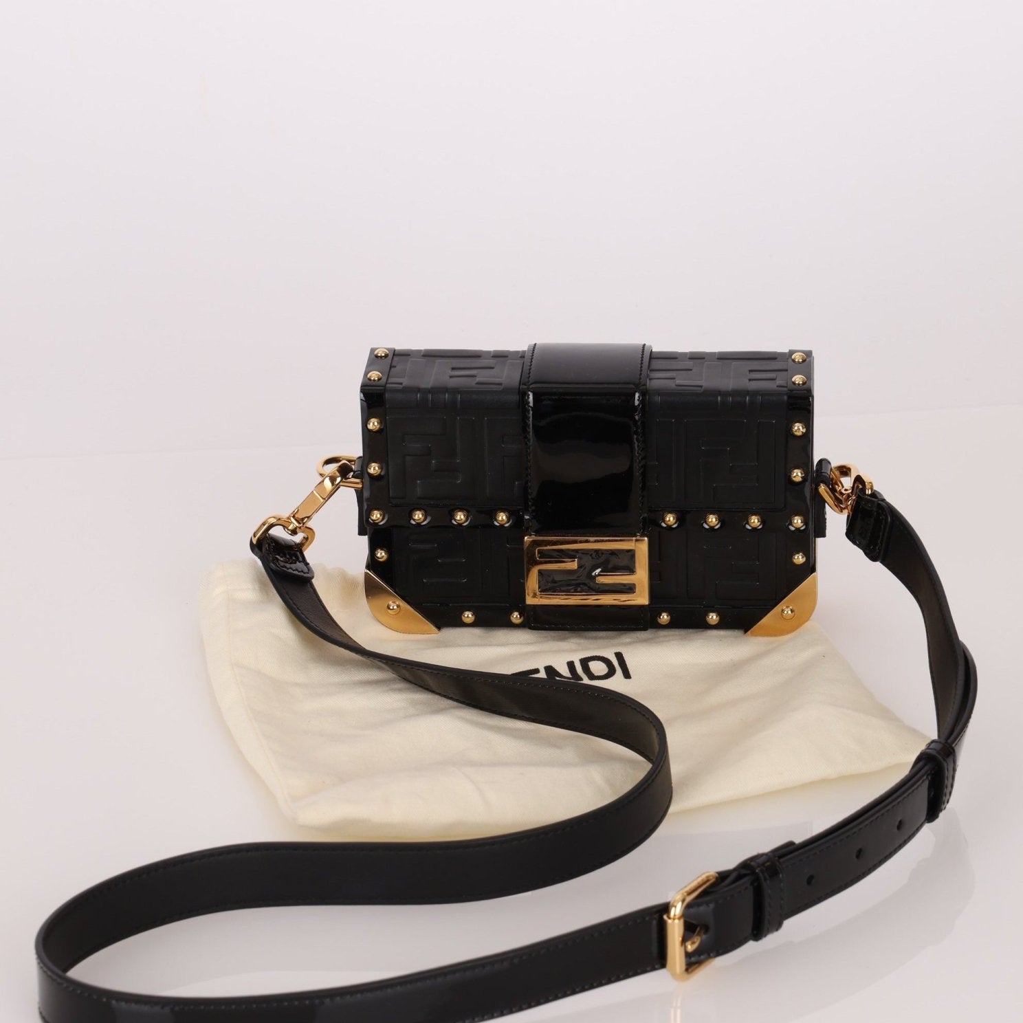 Fendi Zucca Calfskin Leather & Patent Trunk Mini Baguette - FashioNica