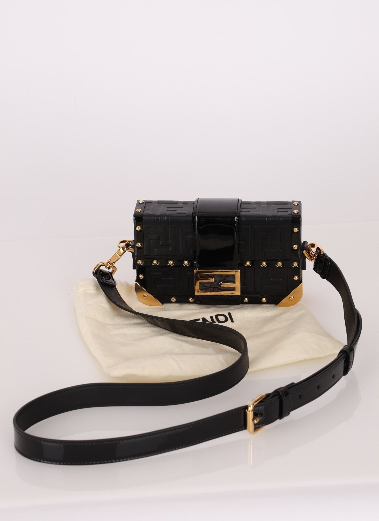 Fendi Zucca Calfskin Leather & Patent Trunk Mini Baguette - FashioNica