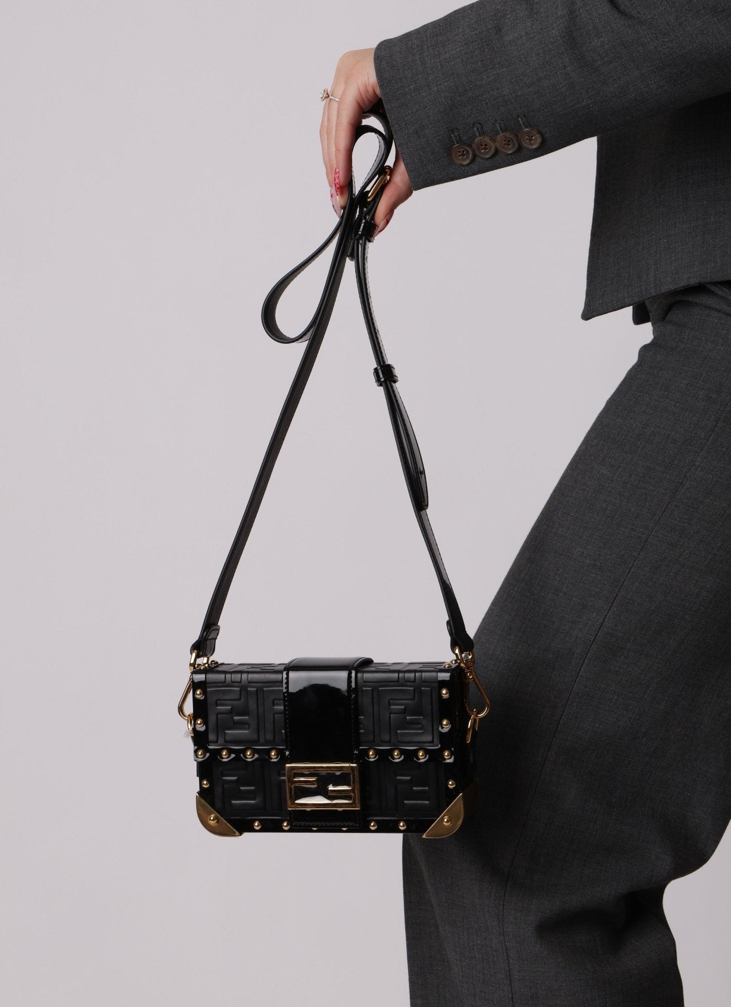 Fendi Zucca Calfskin Leather & Patent Trunk Mini Baguette - FashioNica