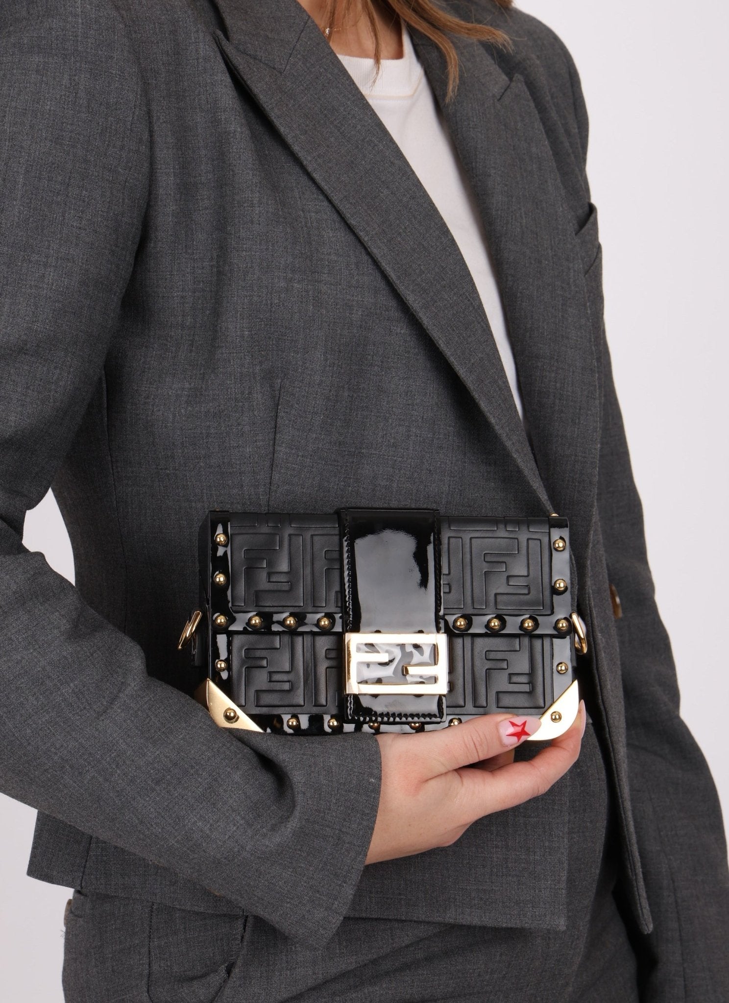 Fendi Zucca Calfskin Leather & Patent Trunk Mini Baguette - FashioNica