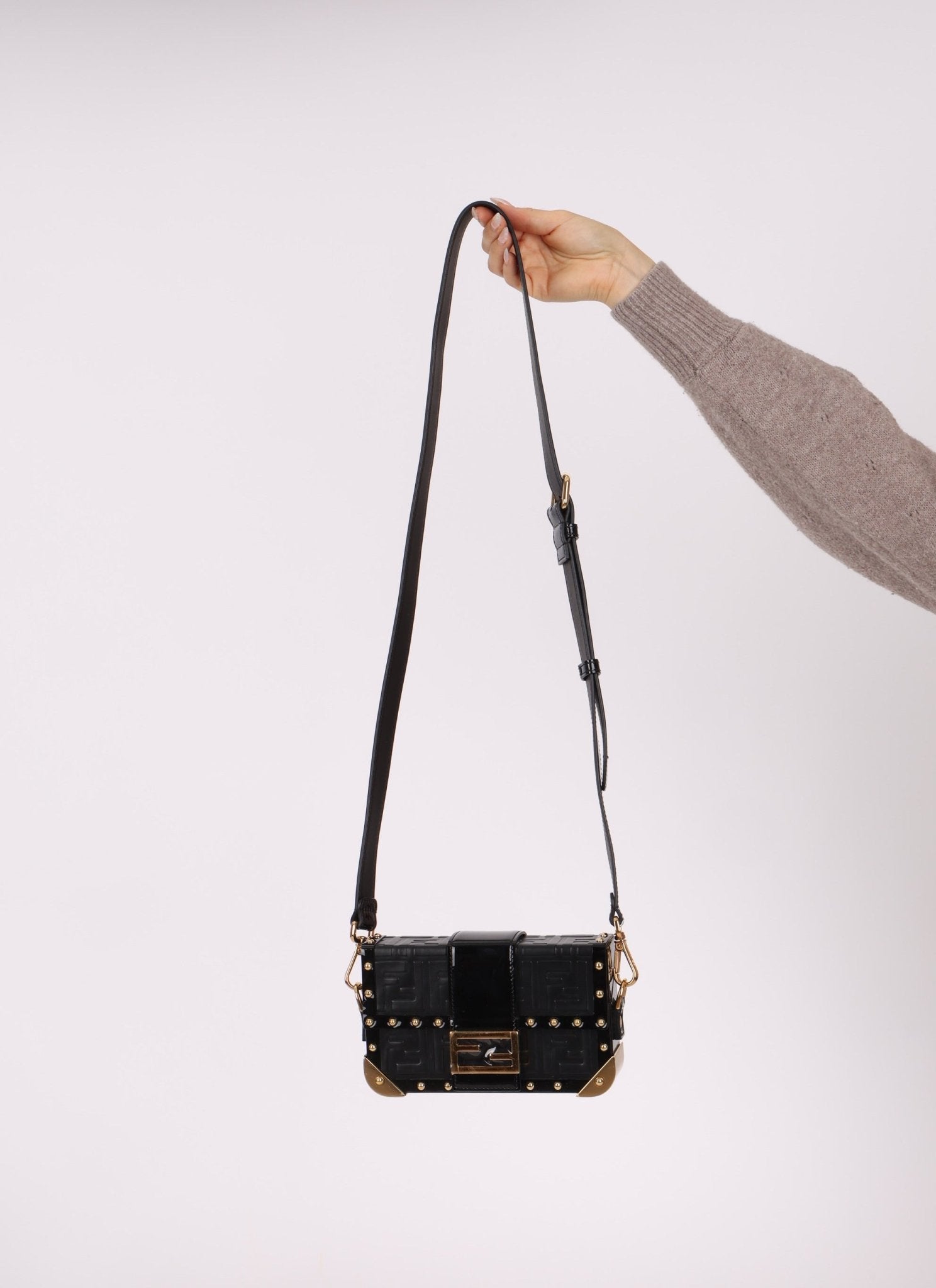 Fendi Zucca Calfskin Leather & Patent Trunk Mini Baguette - FashioNica