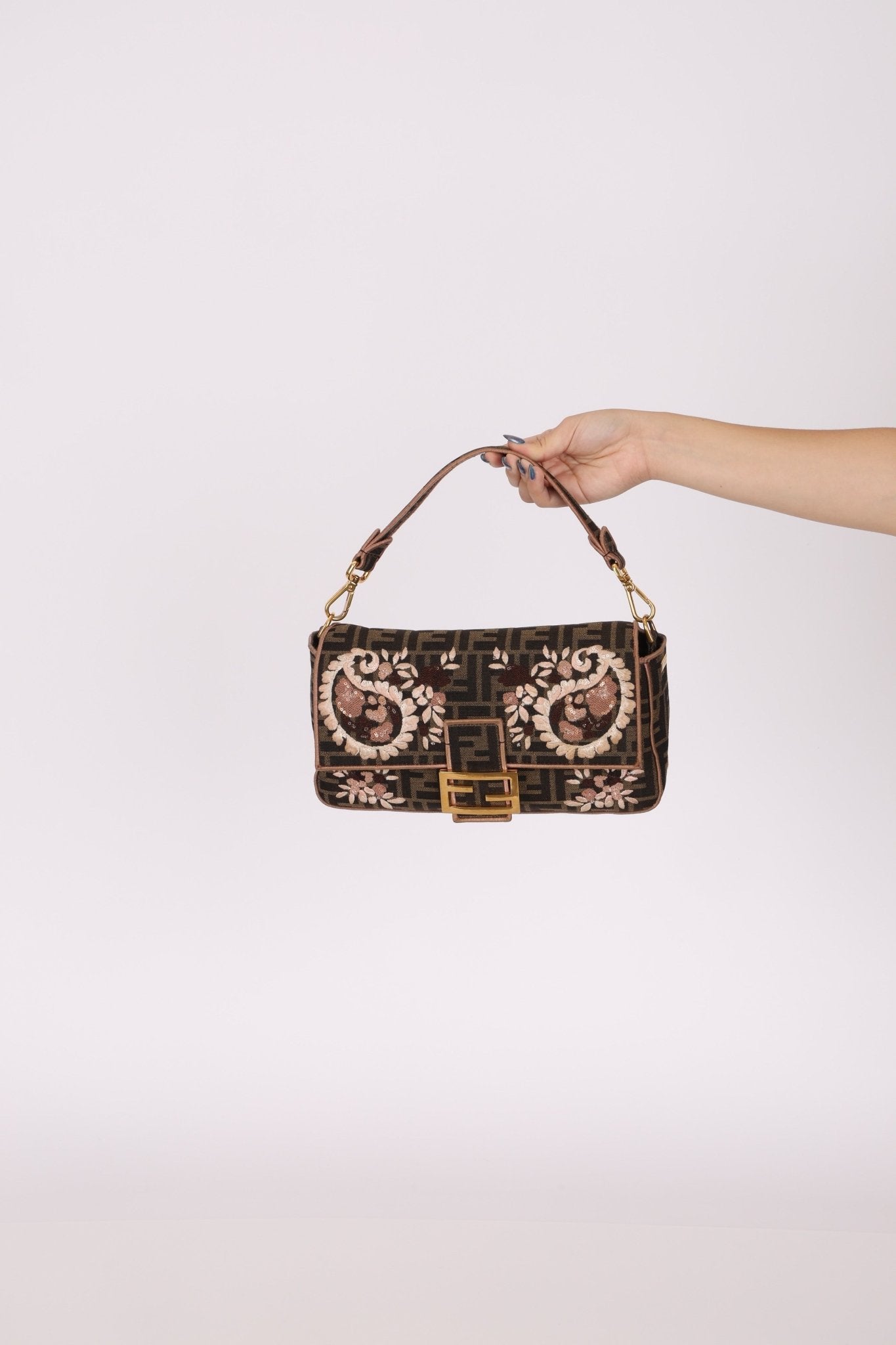 Fendi Zucca Embroidered Paisley Beaded Baguette - FashioNica