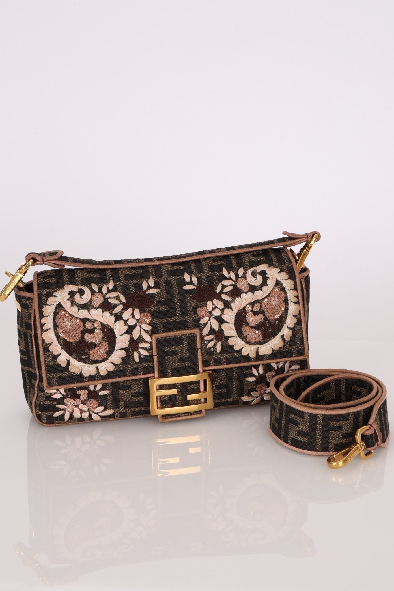 Fendi Zucca Embroidered Paisley Beaded Baguette - FashioNica