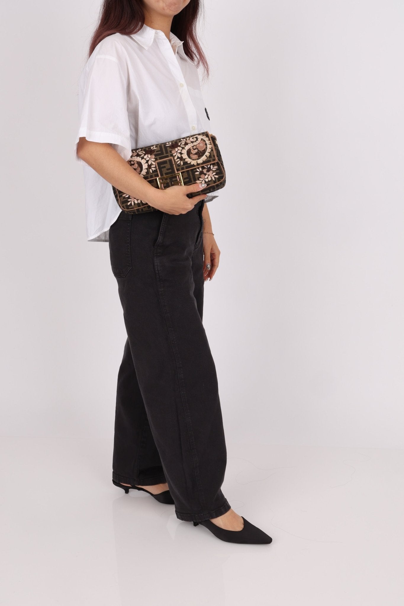 Fendi Zucca Embroidered Paisley Beaded Baguette - FashioNica