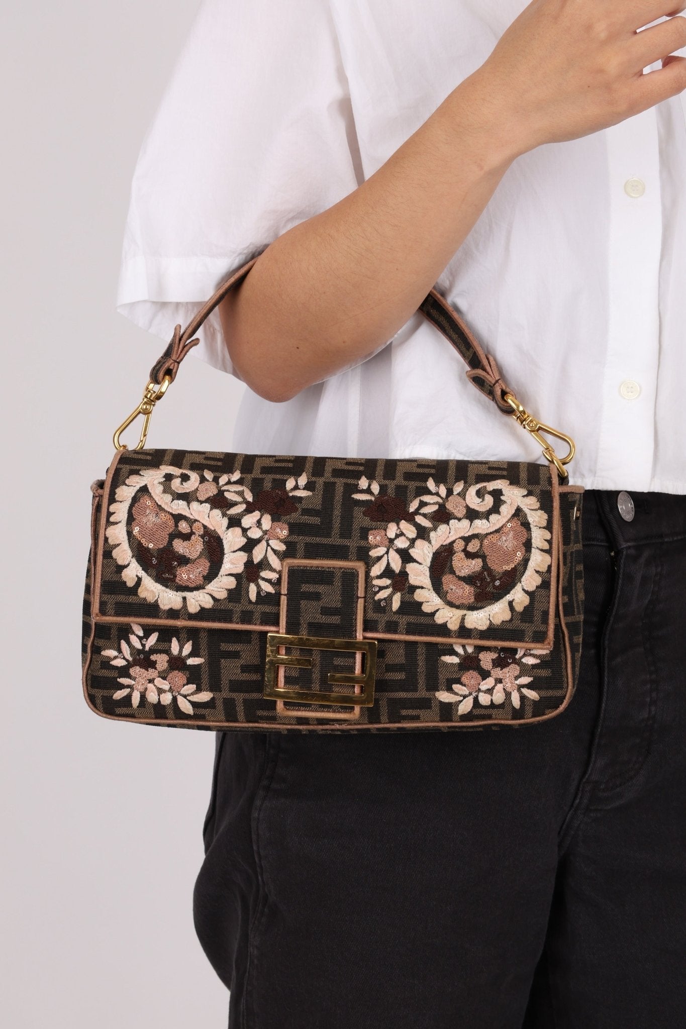 Fendi Zucca Embroidered Paisley Beaded Baguette - FashioNica
