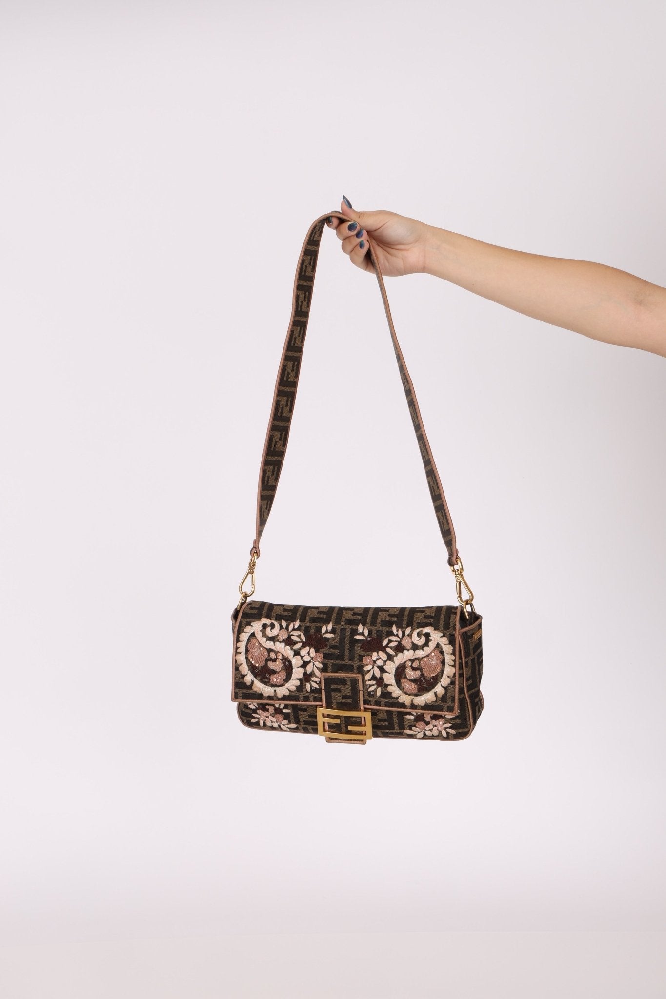 Fendi Zucca Embroidered Paisley Beaded Baguette - FashioNica