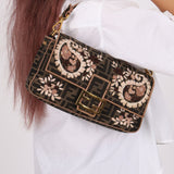 Fendi Zucca Embroidered Paisley Beaded Baguette - FashioNica