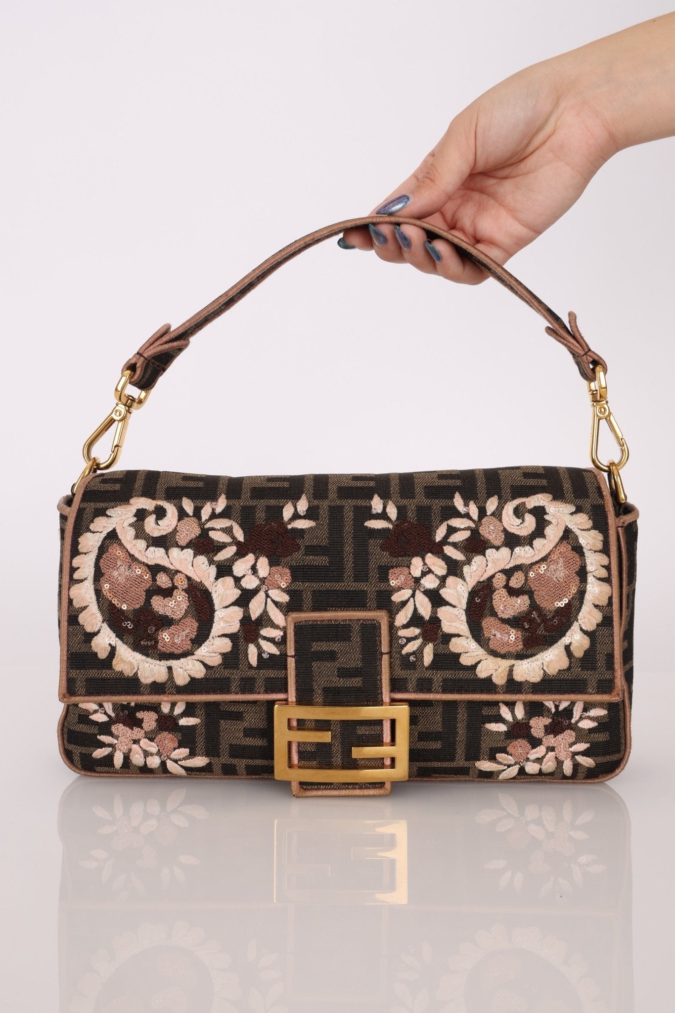 Fendi Zucca Embroidered Paisley Beaded Baguette - FashioNica