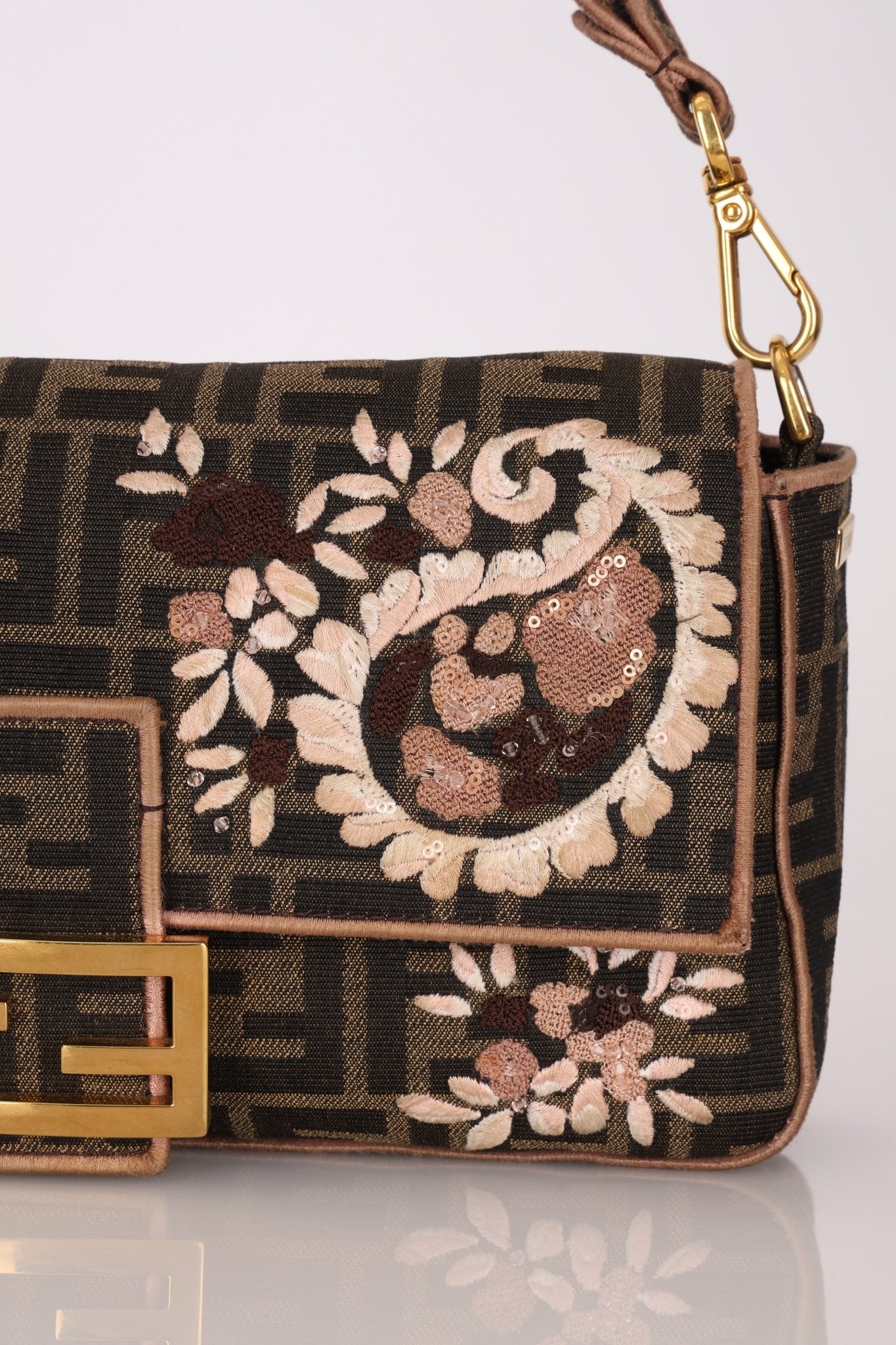 Fendi Zucca Embroidered Paisley Beaded Baguette - FashioNica