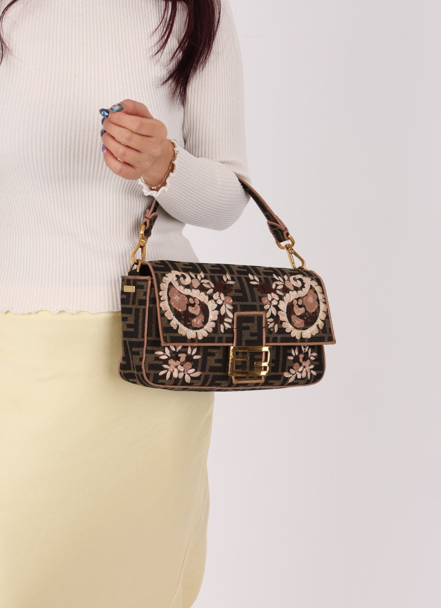 Fendi Zucca Paisley Embroidered Baguette - FashioNica