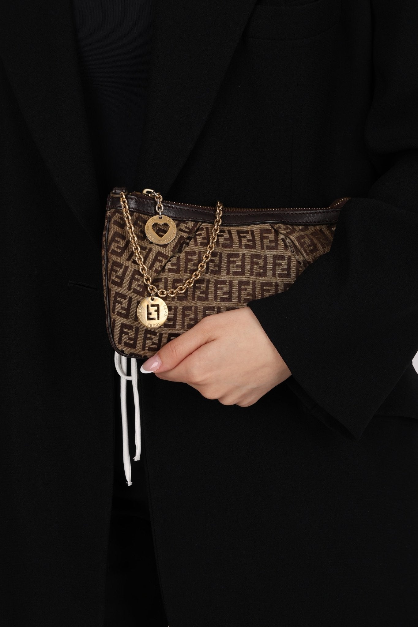 Fendi Zucchino Canvas Charm Chain Pochette - FashioNica