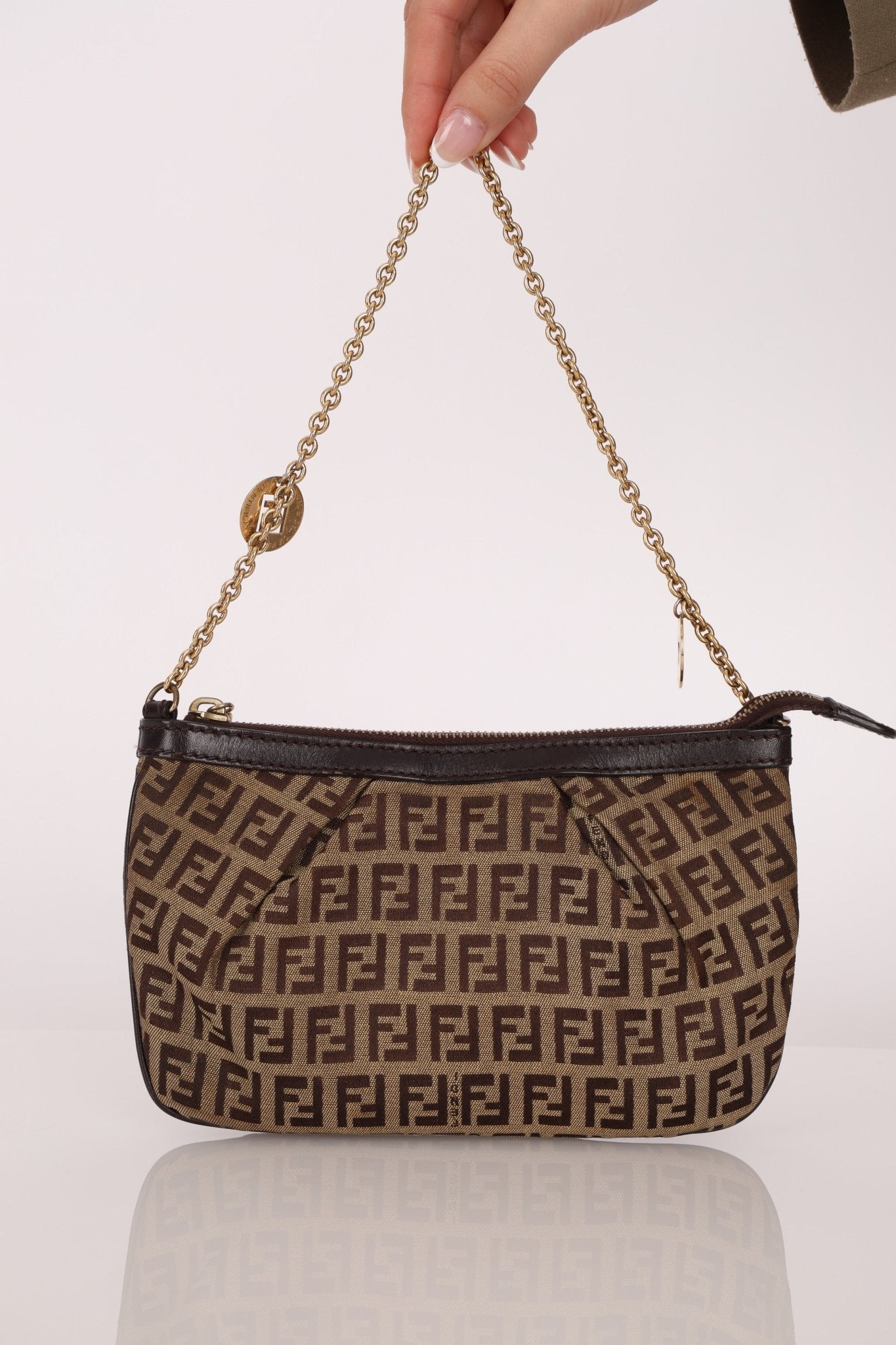 Fendi Zucchino Canvas Charm Chain Pochette - FashioNica