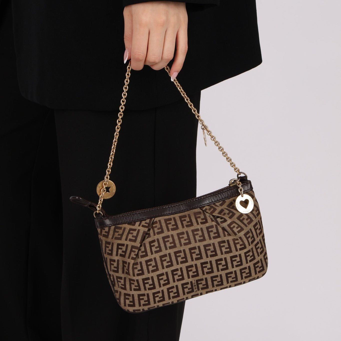 Fendi Zucchino Canvas Charm Chain Pochette - FashioNica