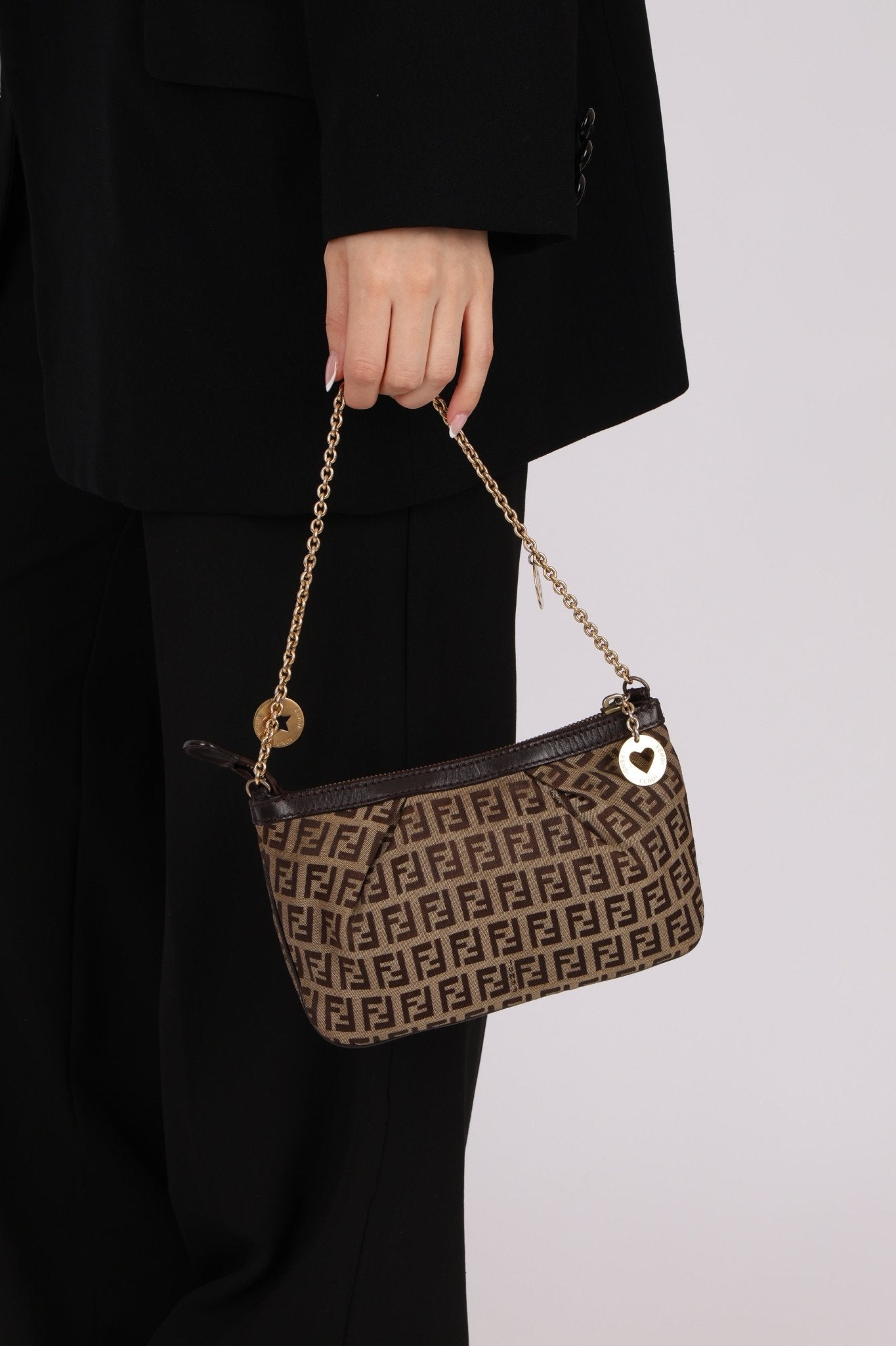 Fendi Zucchino Canvas Charm Chain Pochette - FashioNica