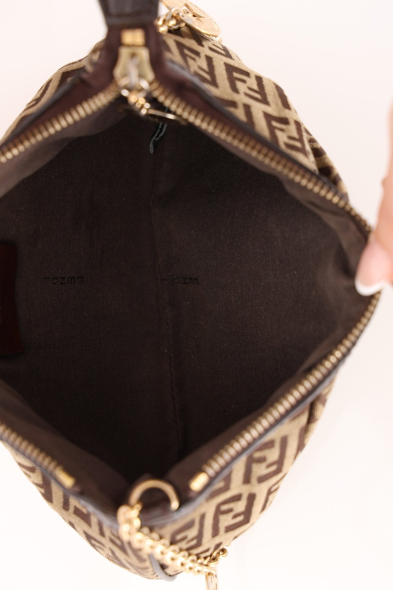 Fendi Zucchino Canvas Charm Chain Pochette - FashioNica