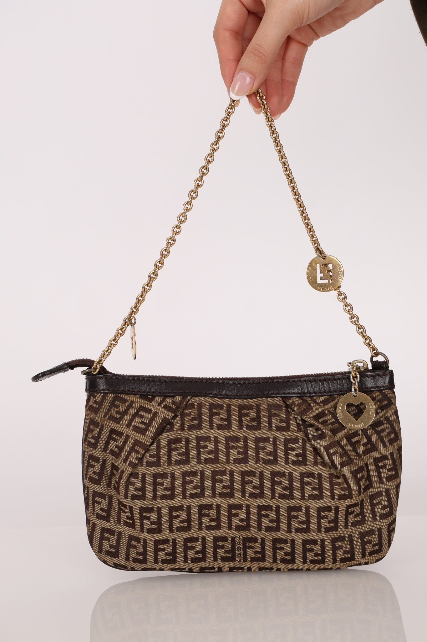 Fendi Zucchino Canvas Charm Chain Pochette - FashioNica