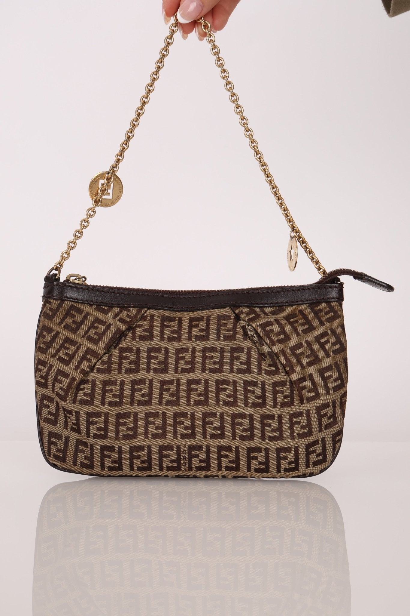 Fendi Zucchino Canvas Charm Chain Pochette - FashioNica