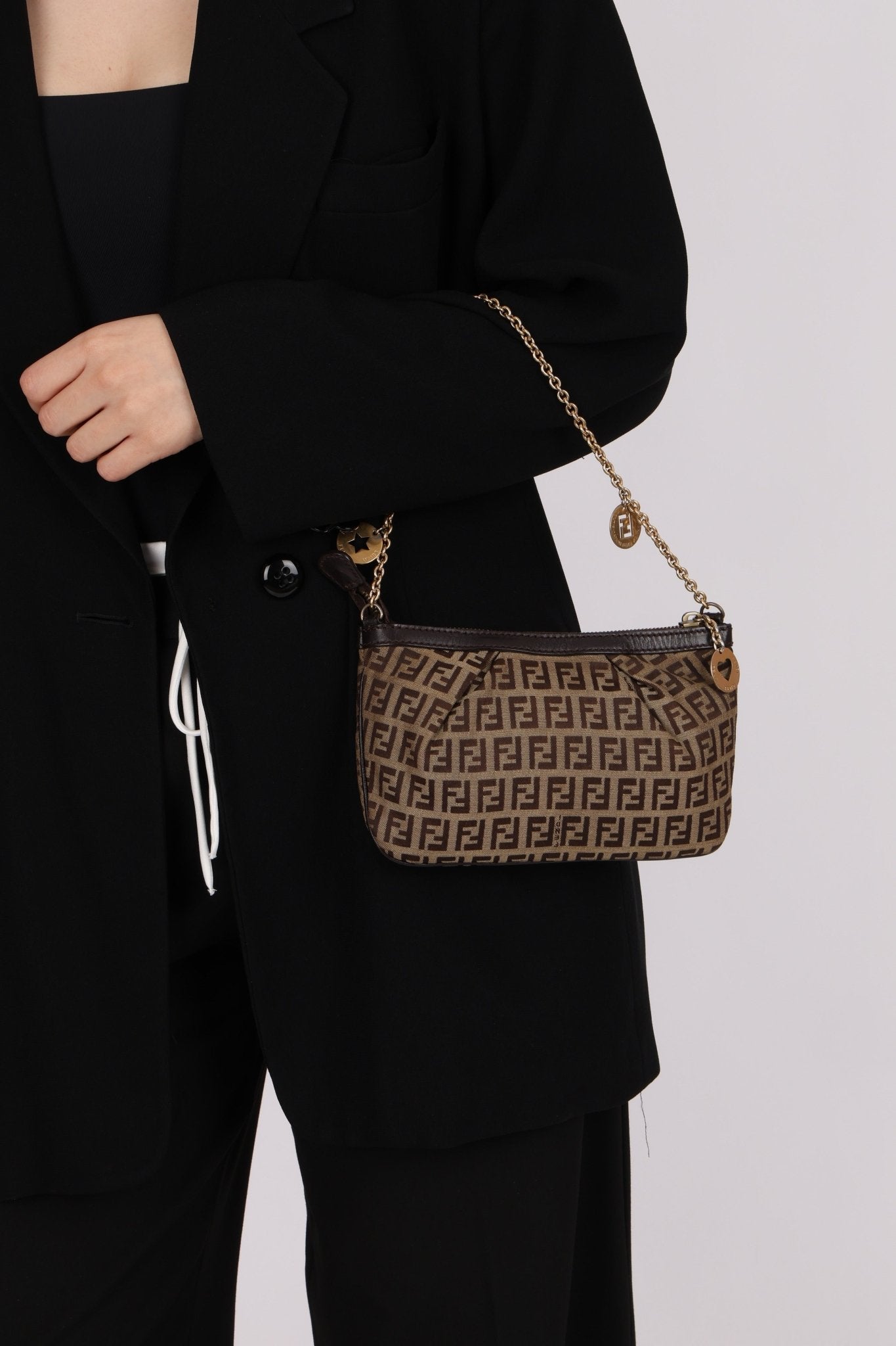 Fendi Zucchino Canvas Charm Chain Pochette - FashioNica