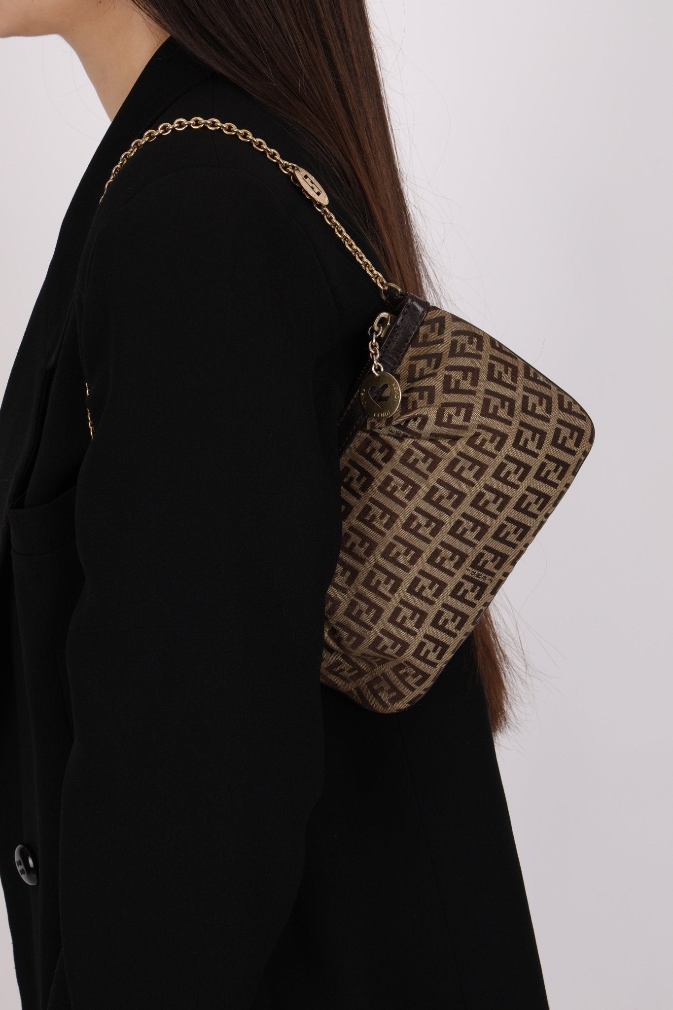 Fendi Zucchino Canvas Charm Chain Pochette - FashioNica