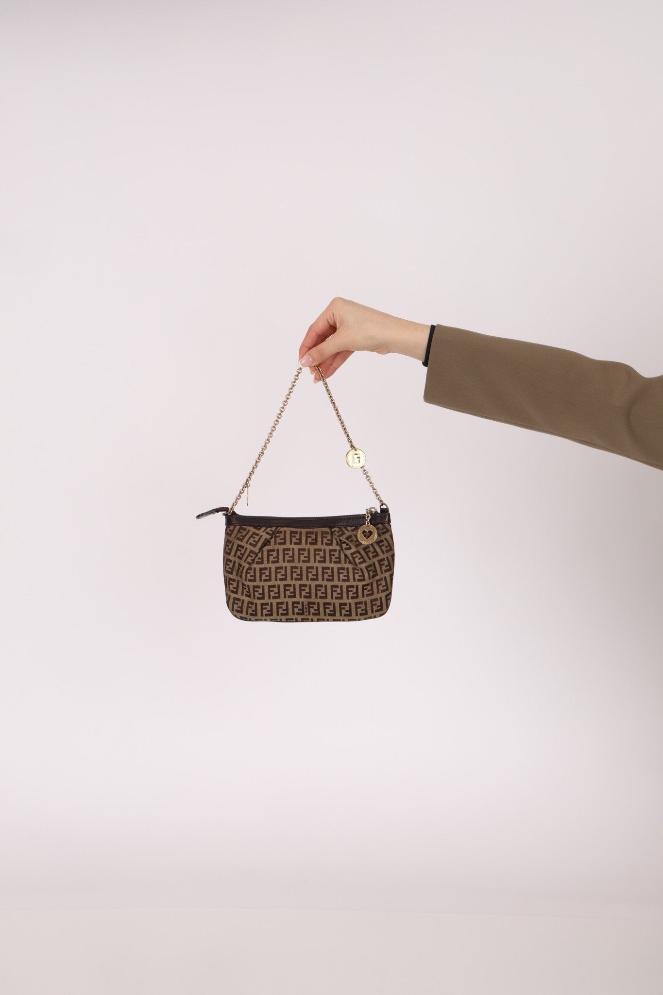 Fendi Zucchino Canvas Charm Chain Pochette - FashioNica