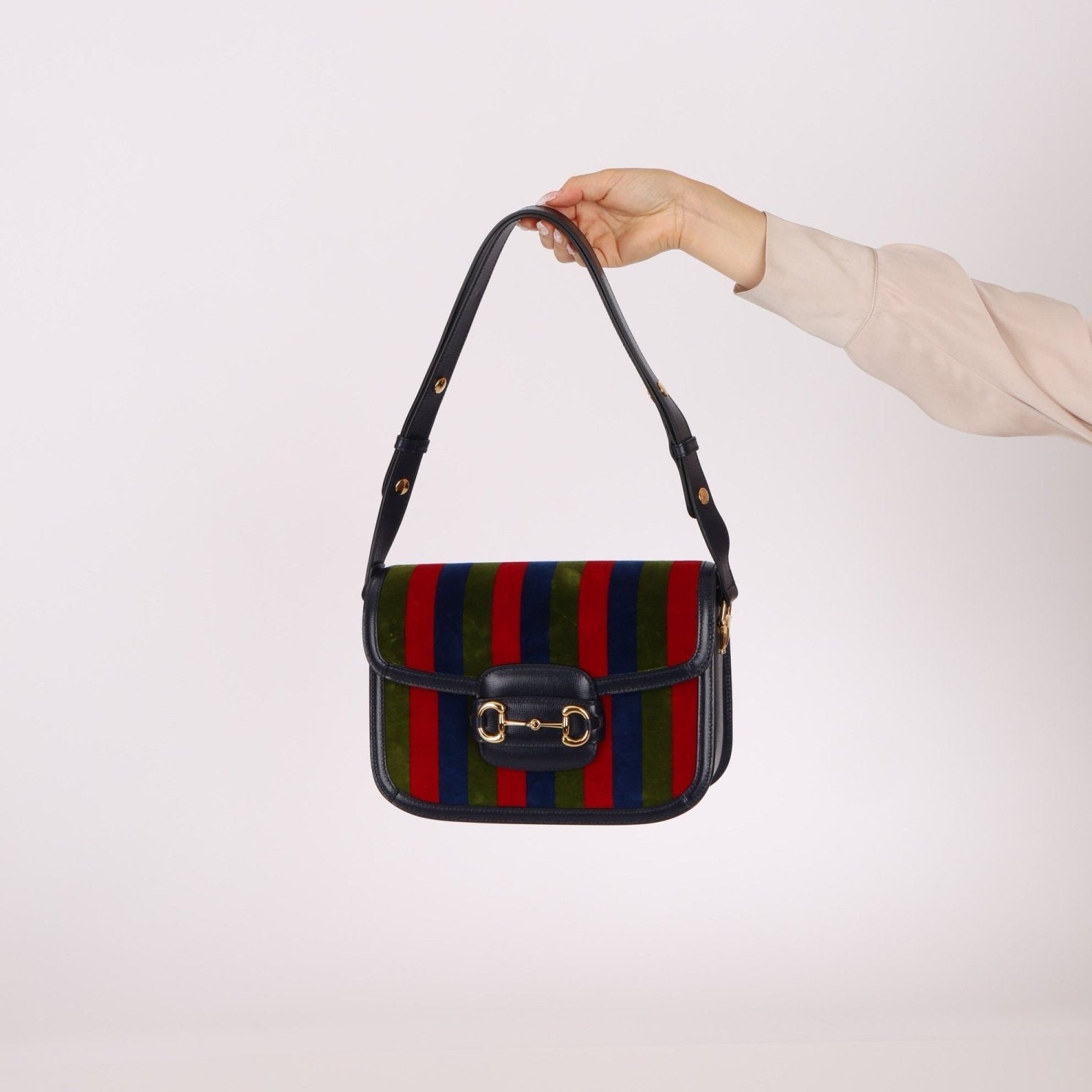 Gucci 1955 Velvet Baiadera Stripe Horsebit Shoulder Bag - FashioNica