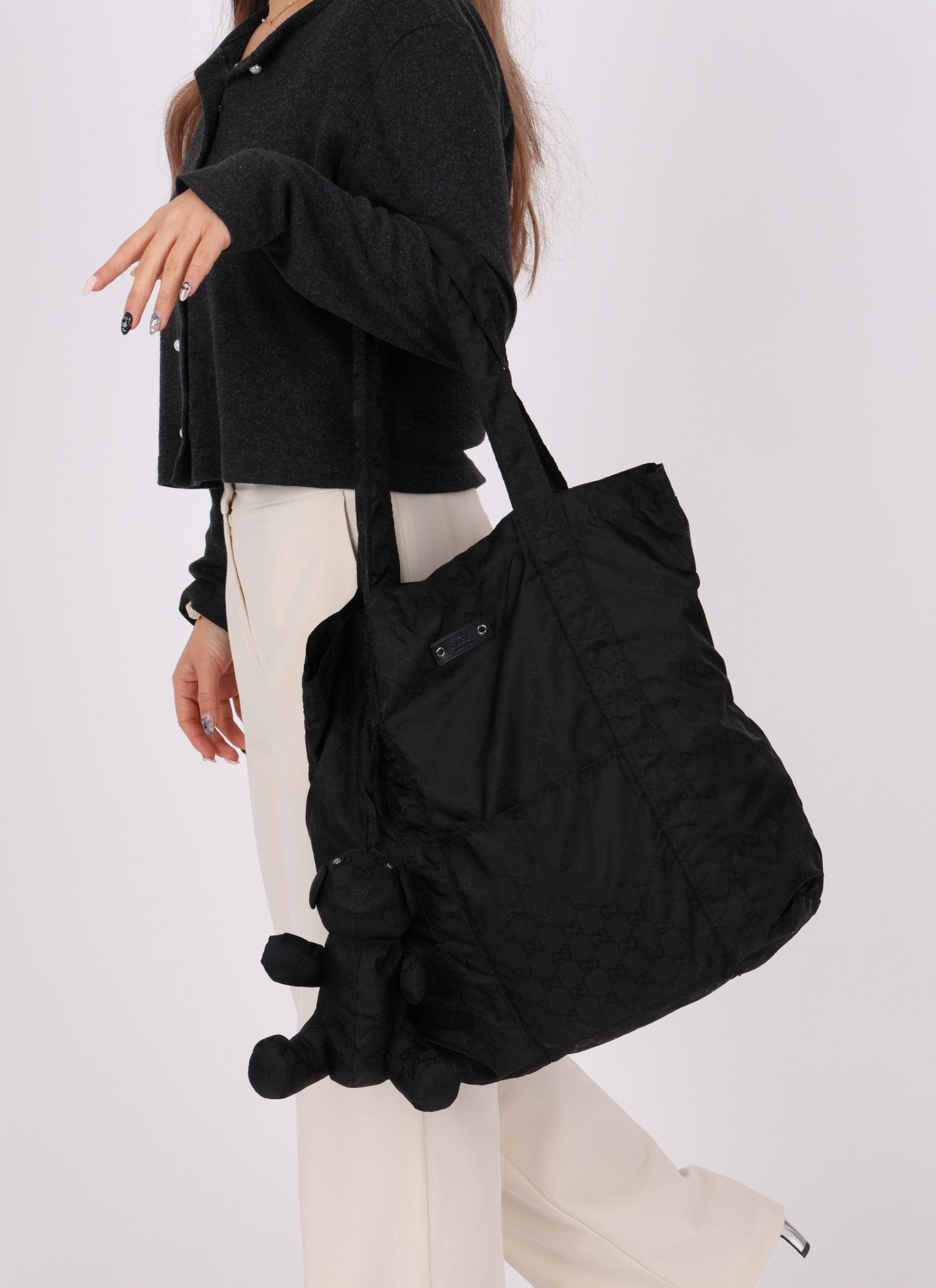 Gucci Black Monogram Nylon Teddy Bear Tote - FashioNica