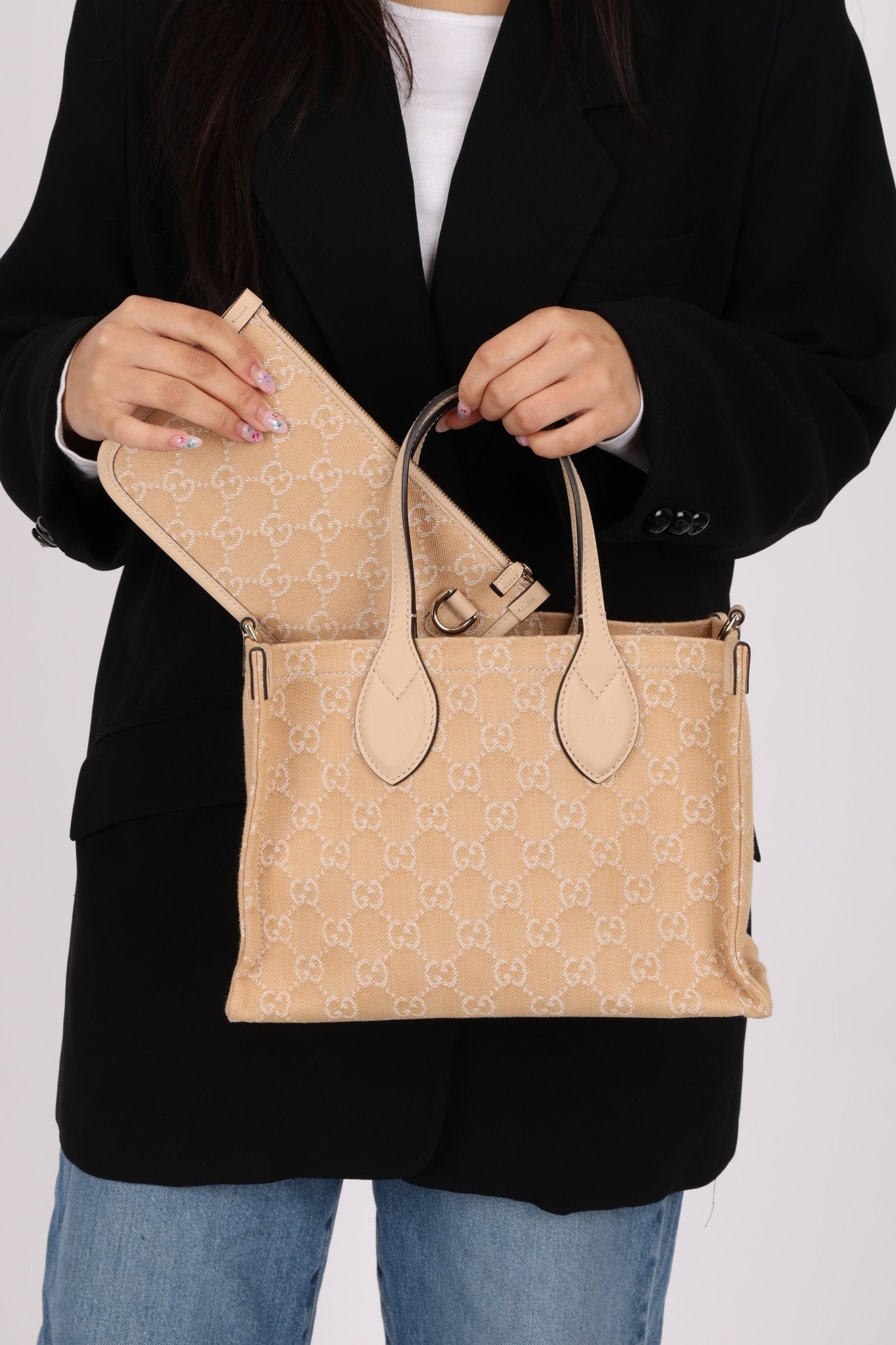 Gucci Canvas GG Denim Ophidia Medium Tote w/ Pouch - FashioNica