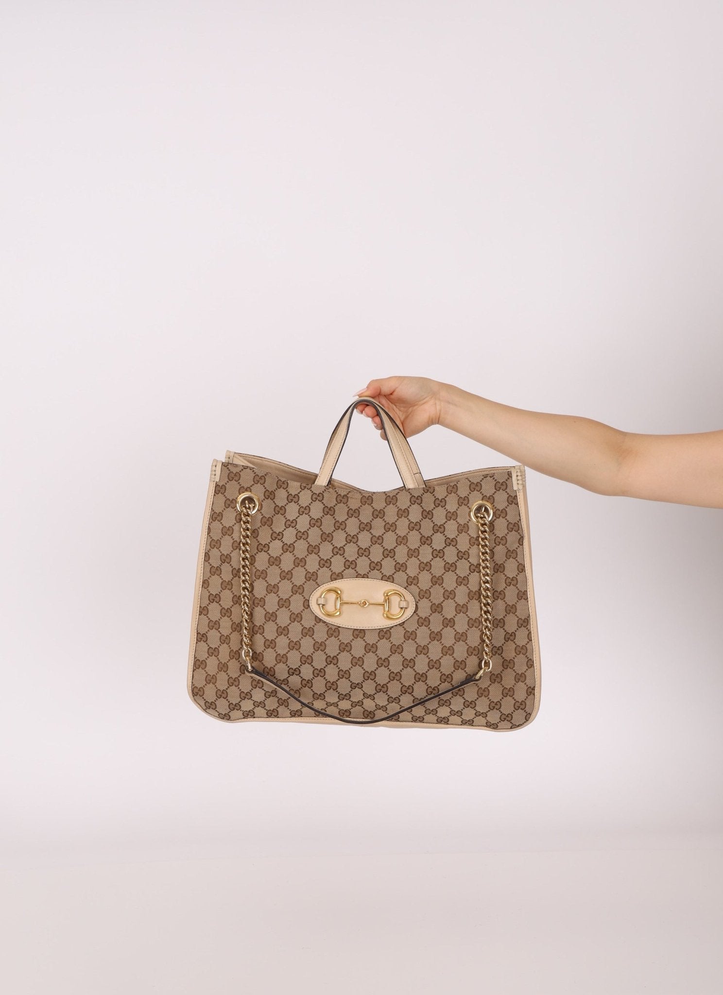 Gucci Canvas Monogram Large 1955 Horsebit Chain Tote - FashioNica