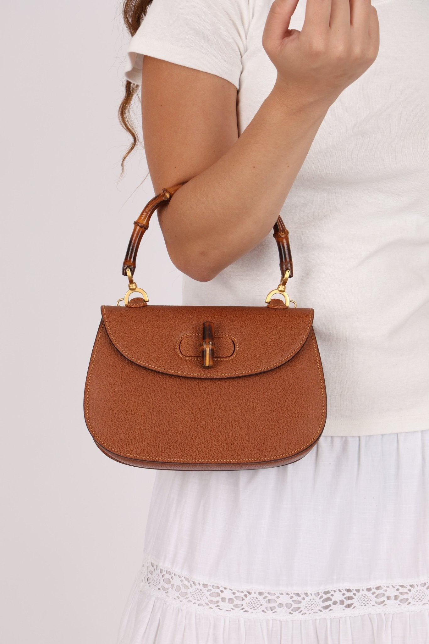 Gucci Chestnut Brown Bamboo Tunlock Top Handle with Strap - FashioNica