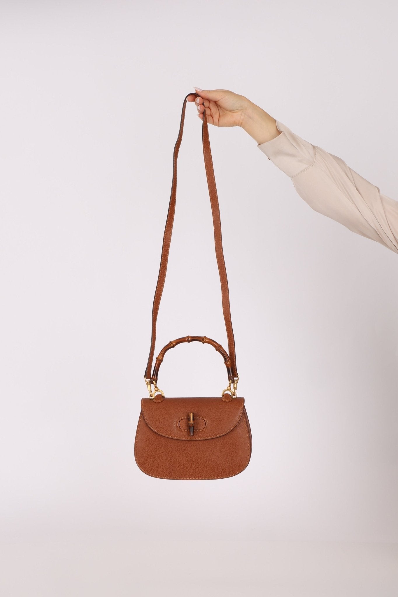 Gucci Chestnut Brown Bamboo Tunlock Top Handle with Strap - FashioNica