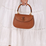Gucci Chestnut Brown Bamboo Tunlock Top Handle with Strap - FashioNica