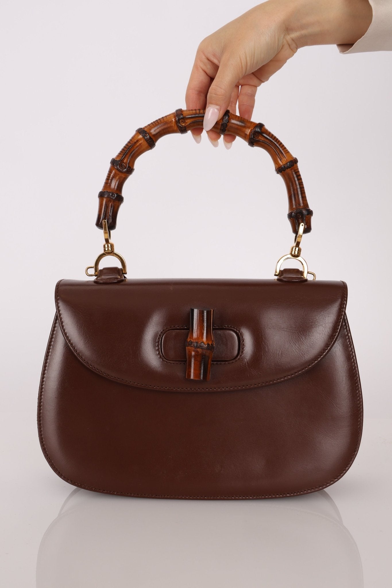 Gucci Chocolate Boxcalf Bamboo Top Handle with Mirror - FashioNica