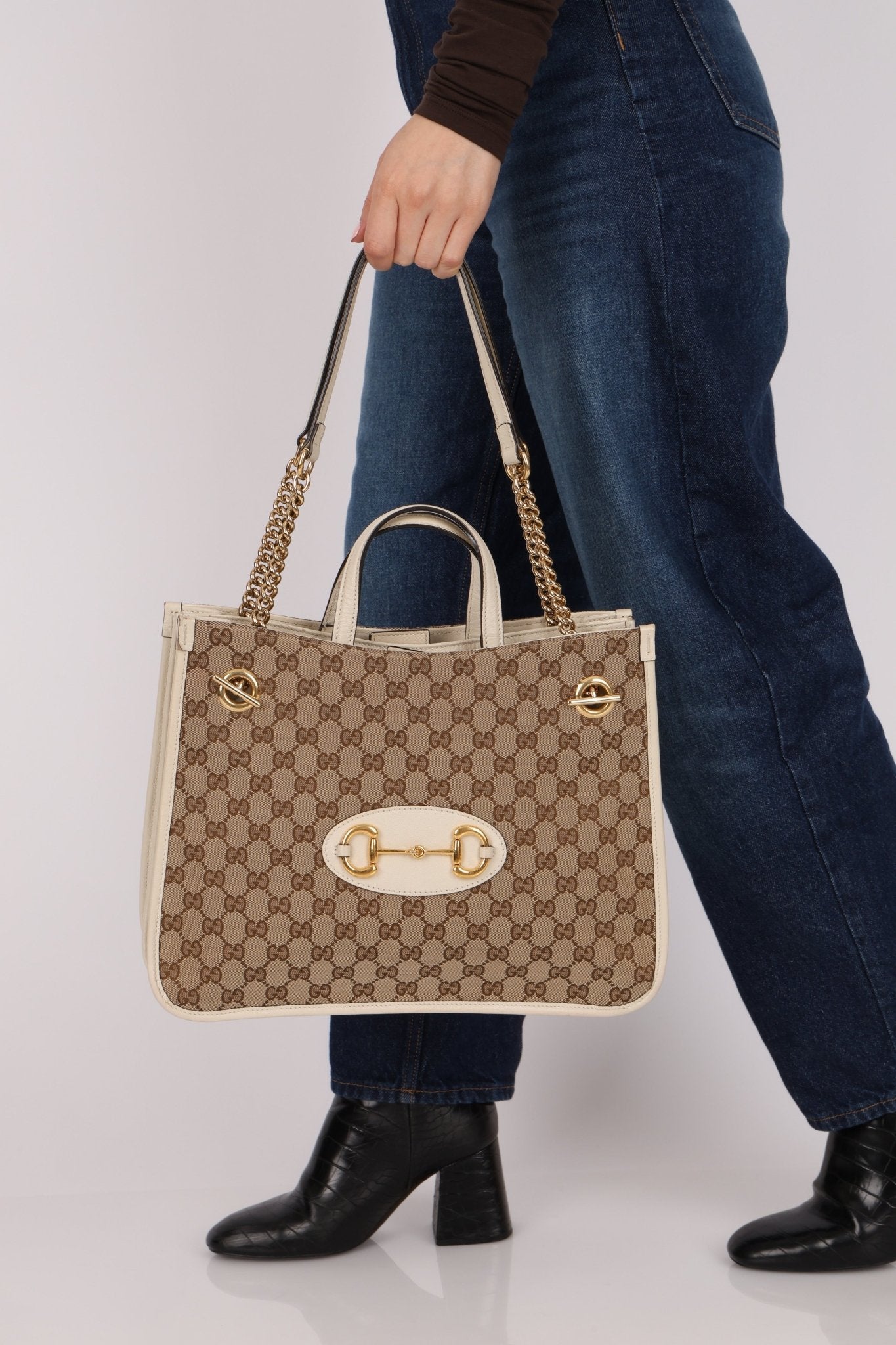 Gucci GG Canvas & Calfskin Medium Horsebit 1955 Chain Tote - FashioNica