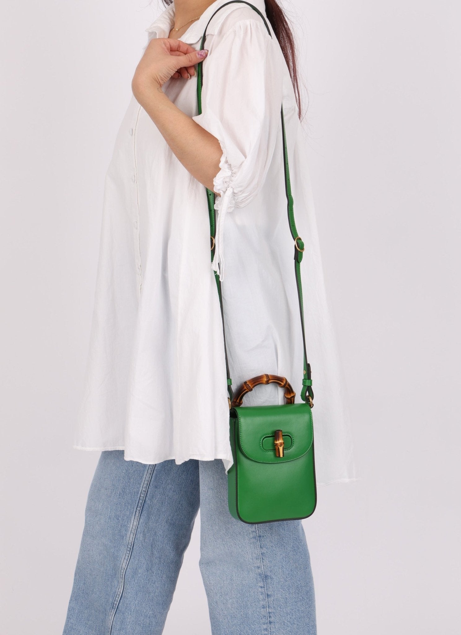 Gucci Green Bamboo Turnlock Vertical Top Handle 3 Way Bag - FashioNica