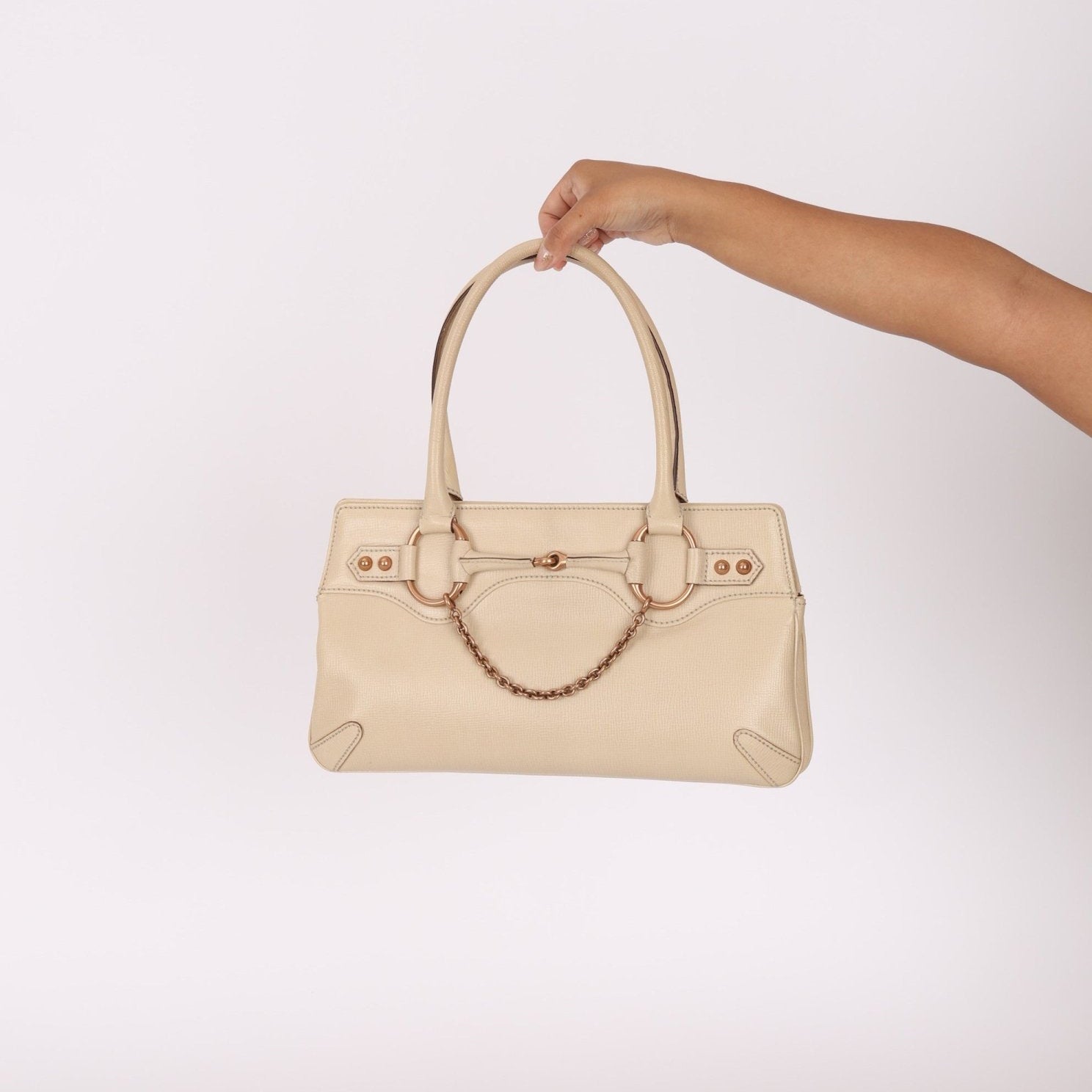 Gucci Leather Rosegold Horsebit Chain Ivory Handle Bag - FashioNica
