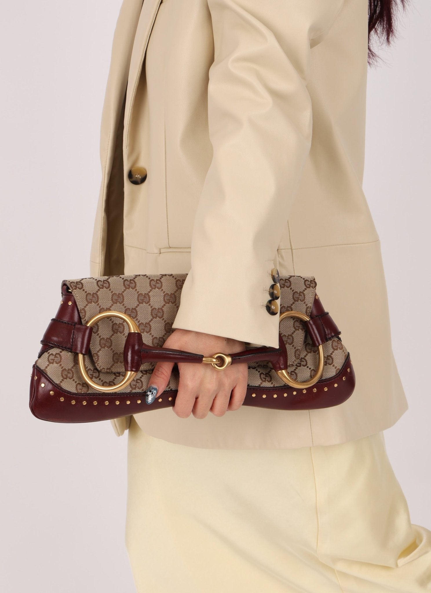 Gucci Monogram Bordeaux Horsebit Pochette - FashioNica
