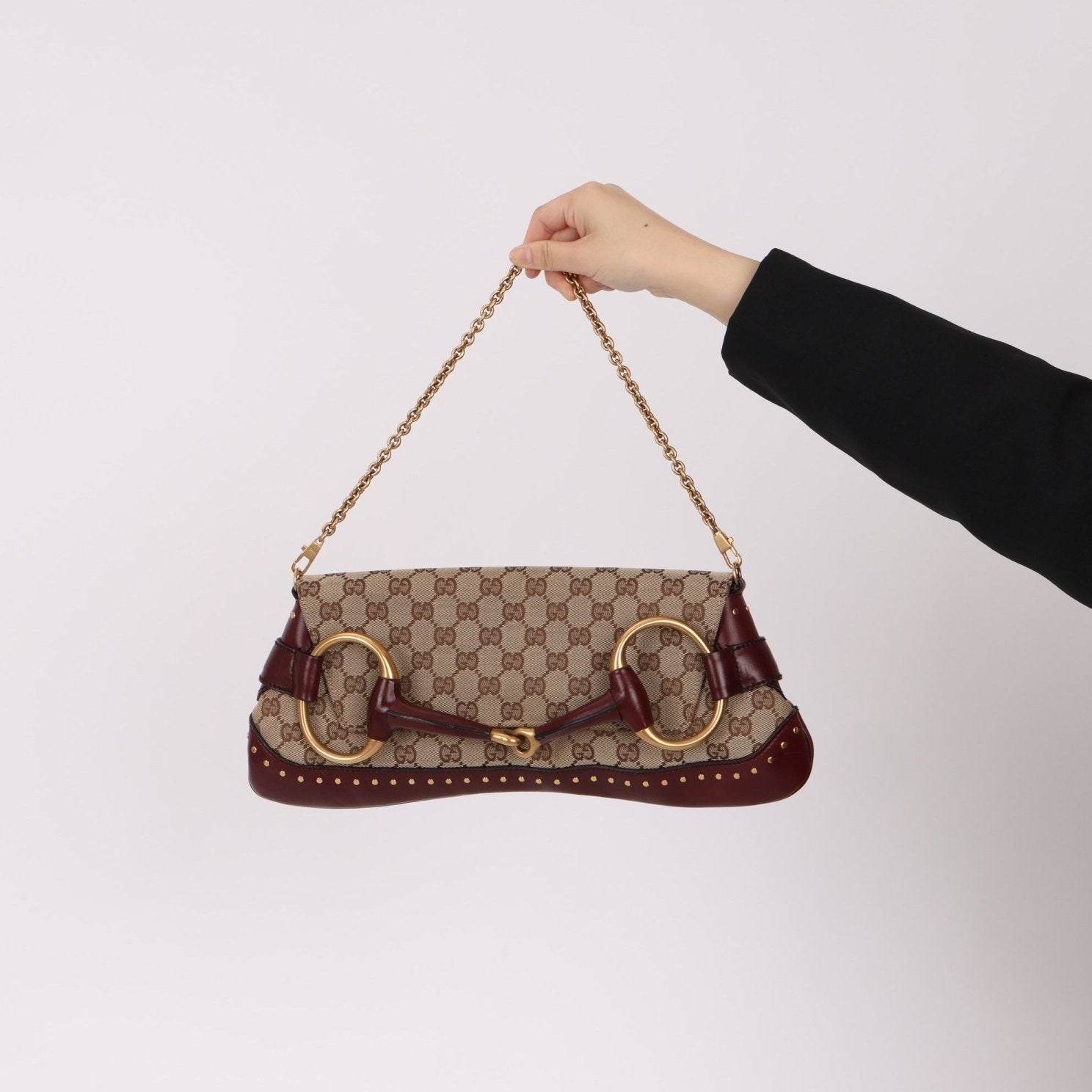 Gucci Monogram Bordeaux Horsebit Pochette - FashioNica