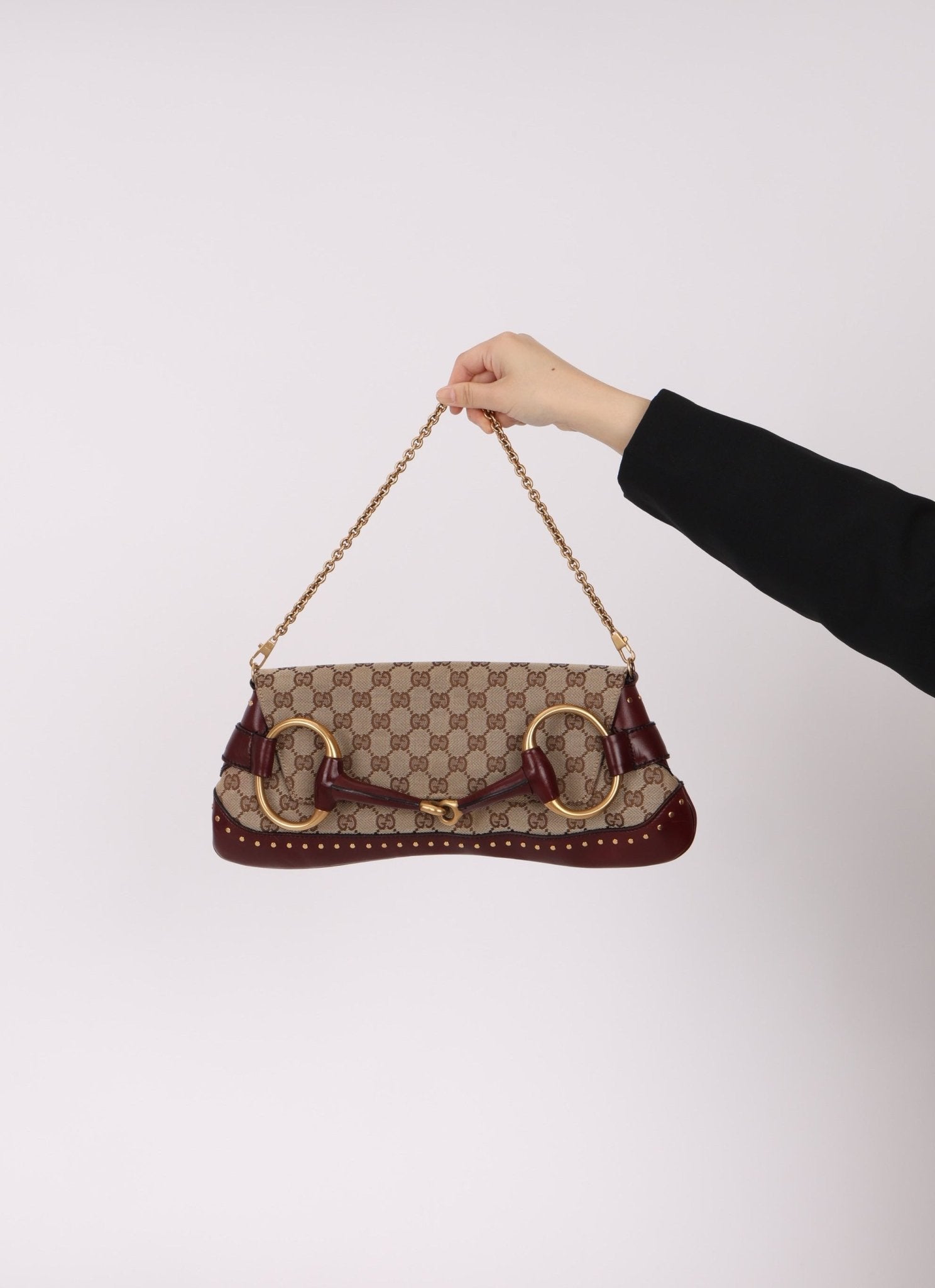 Gucci Monogram Bordeaux Horsebit Pochette - FashioNica