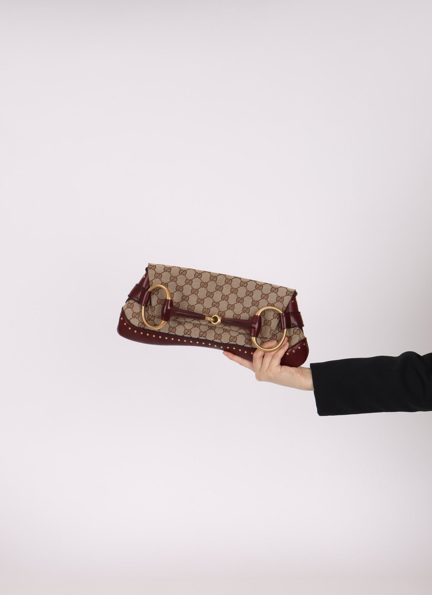 Gucci Monogram Bordeaux Horsebit Pochette - FashioNica