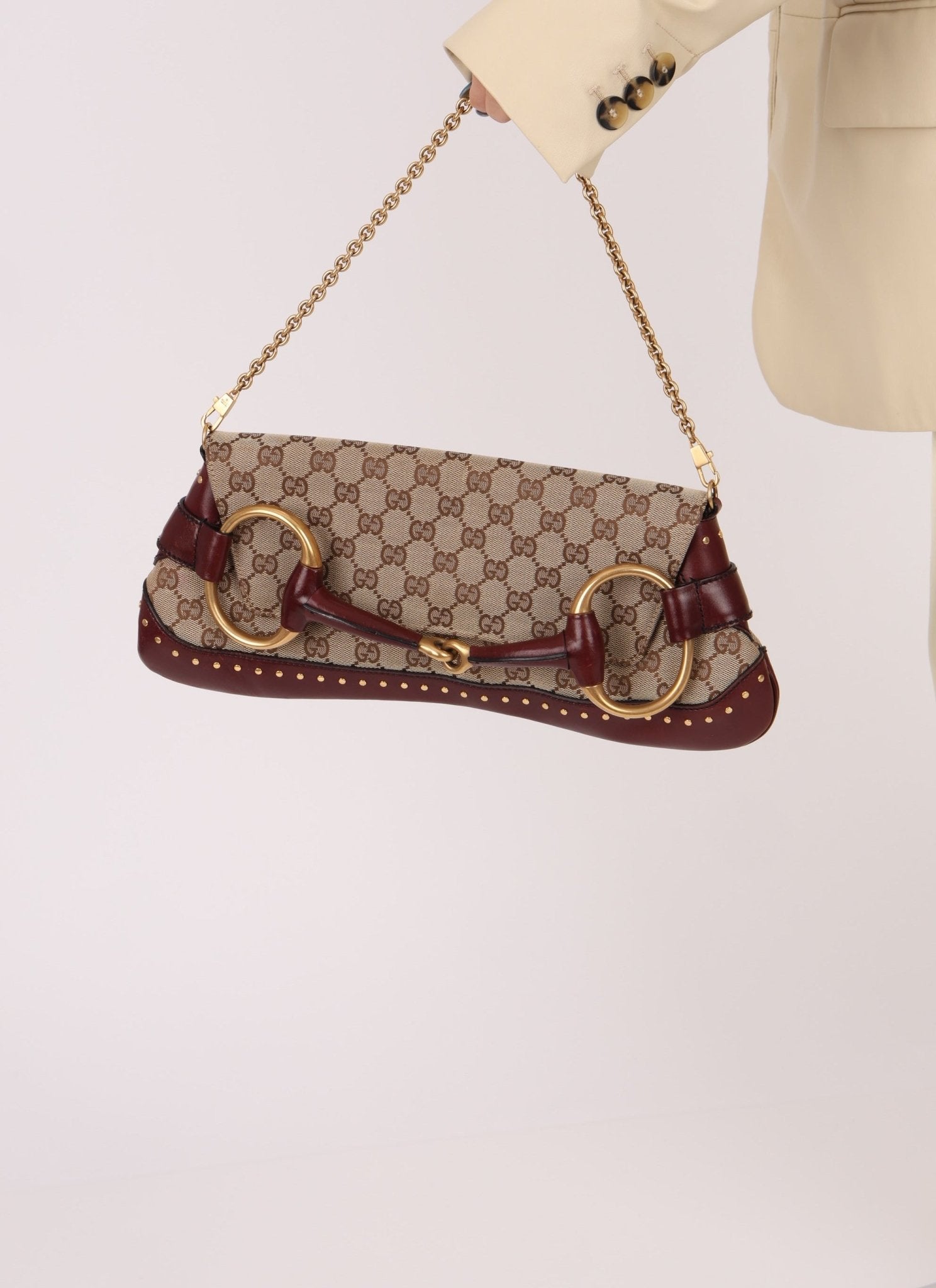 Gucci Monogram Bordeaux Horsebit Pochette - FashioNica
