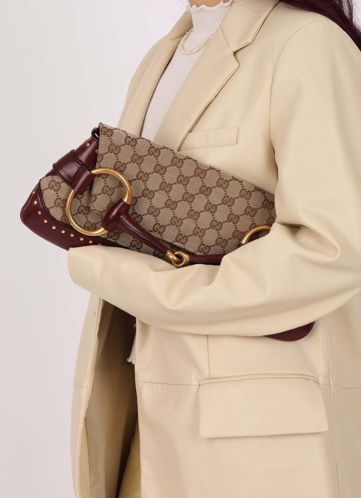 Gucci Monogram Bordeaux Horsebit Pochette - FashioNica