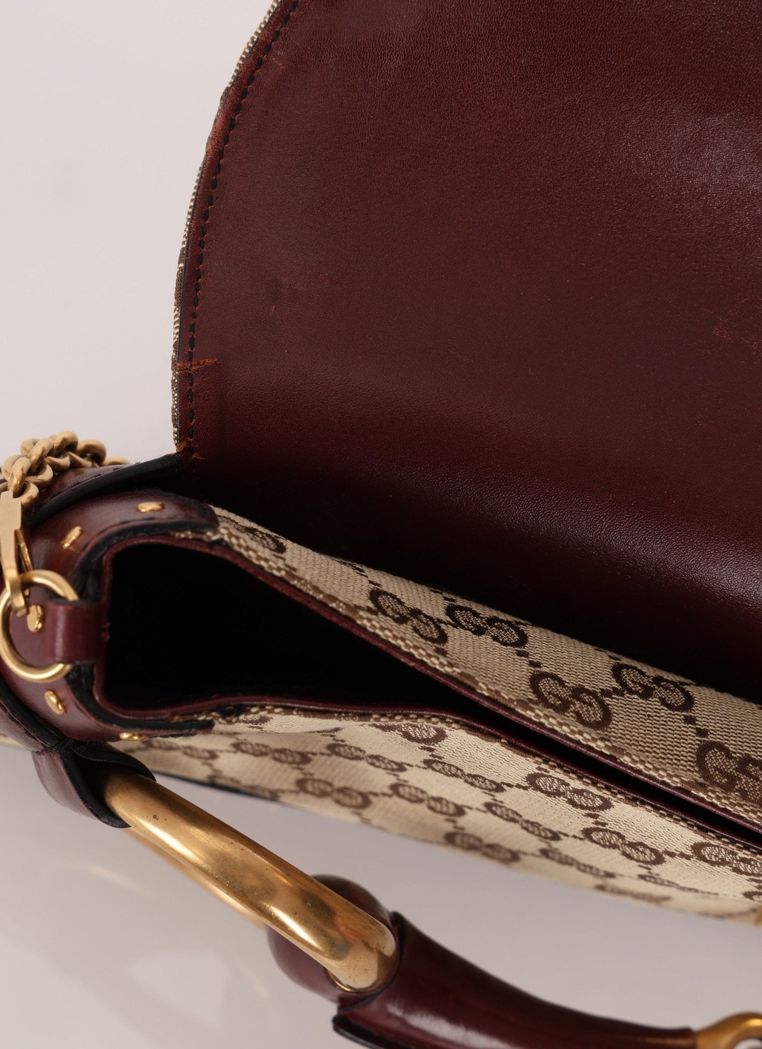 Gucci Monogram Bordeaux Horsebit Pochette - FashioNica