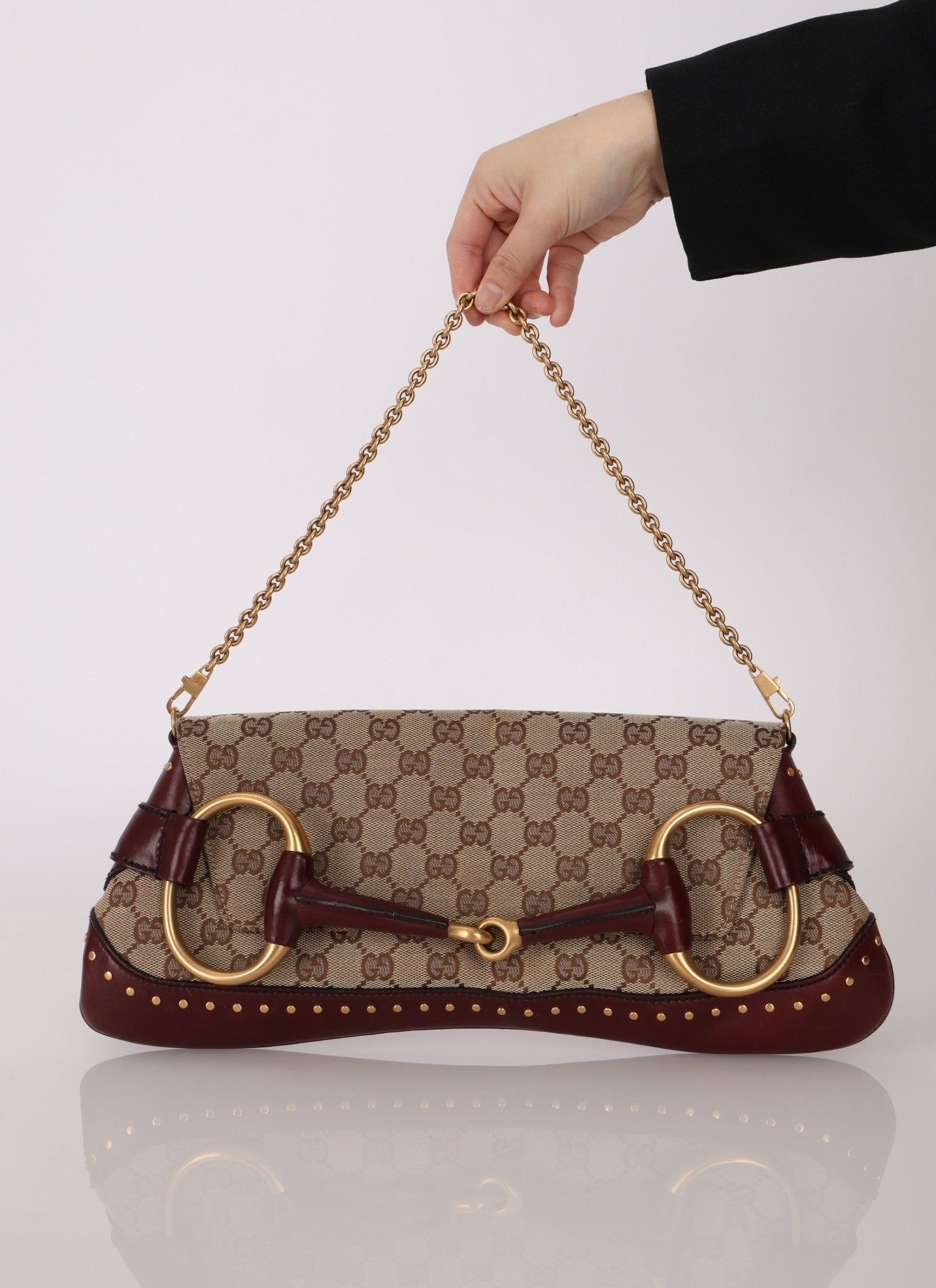 Gucci Monogram Bordeaux Horsebit Pochette - FashioNica
