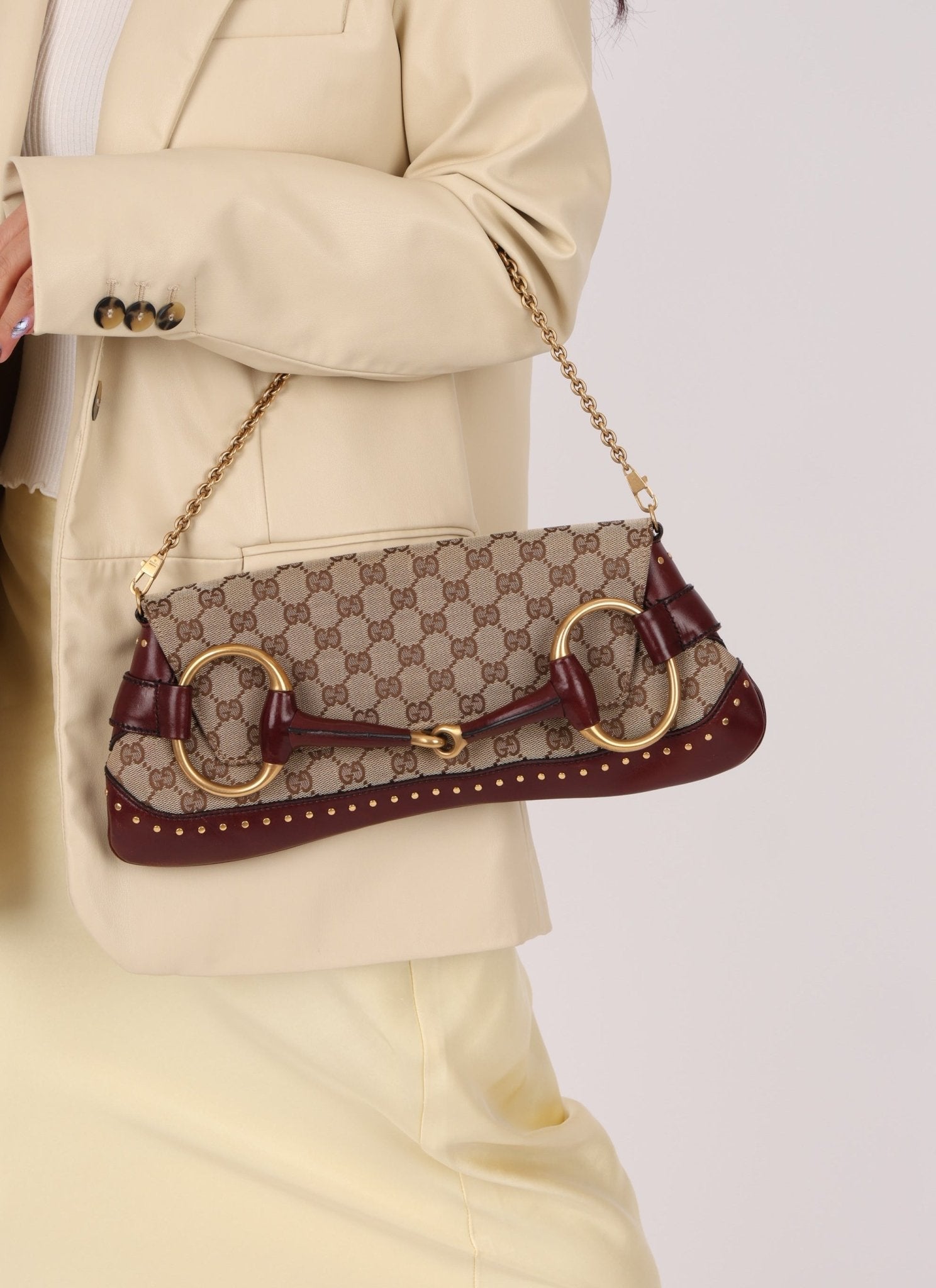 Gucci Monogram Bordeaux Horsebit Pochette - FashioNica