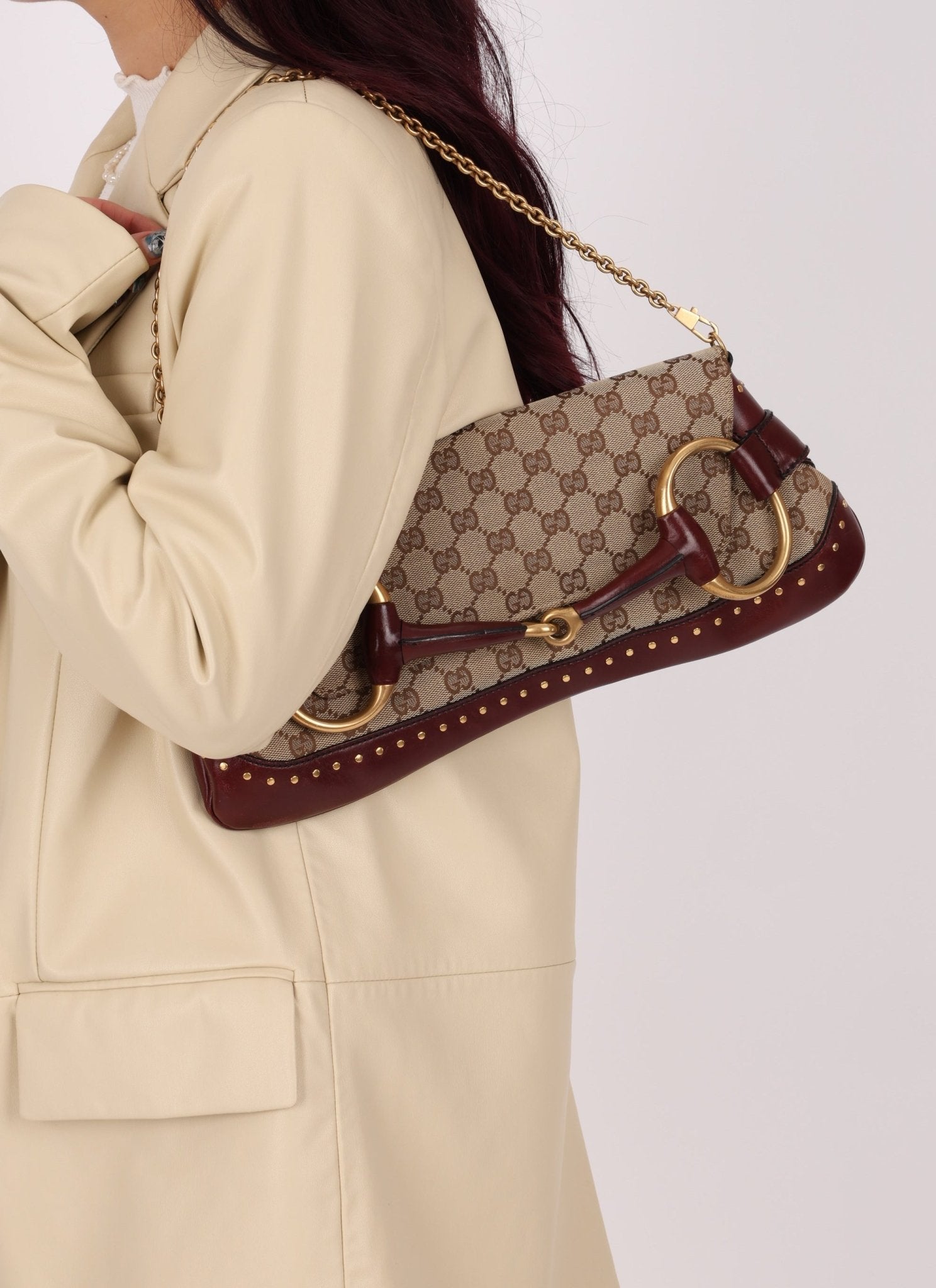 Gucci Monogram Bordeaux Horsebit Pochette - FashioNica