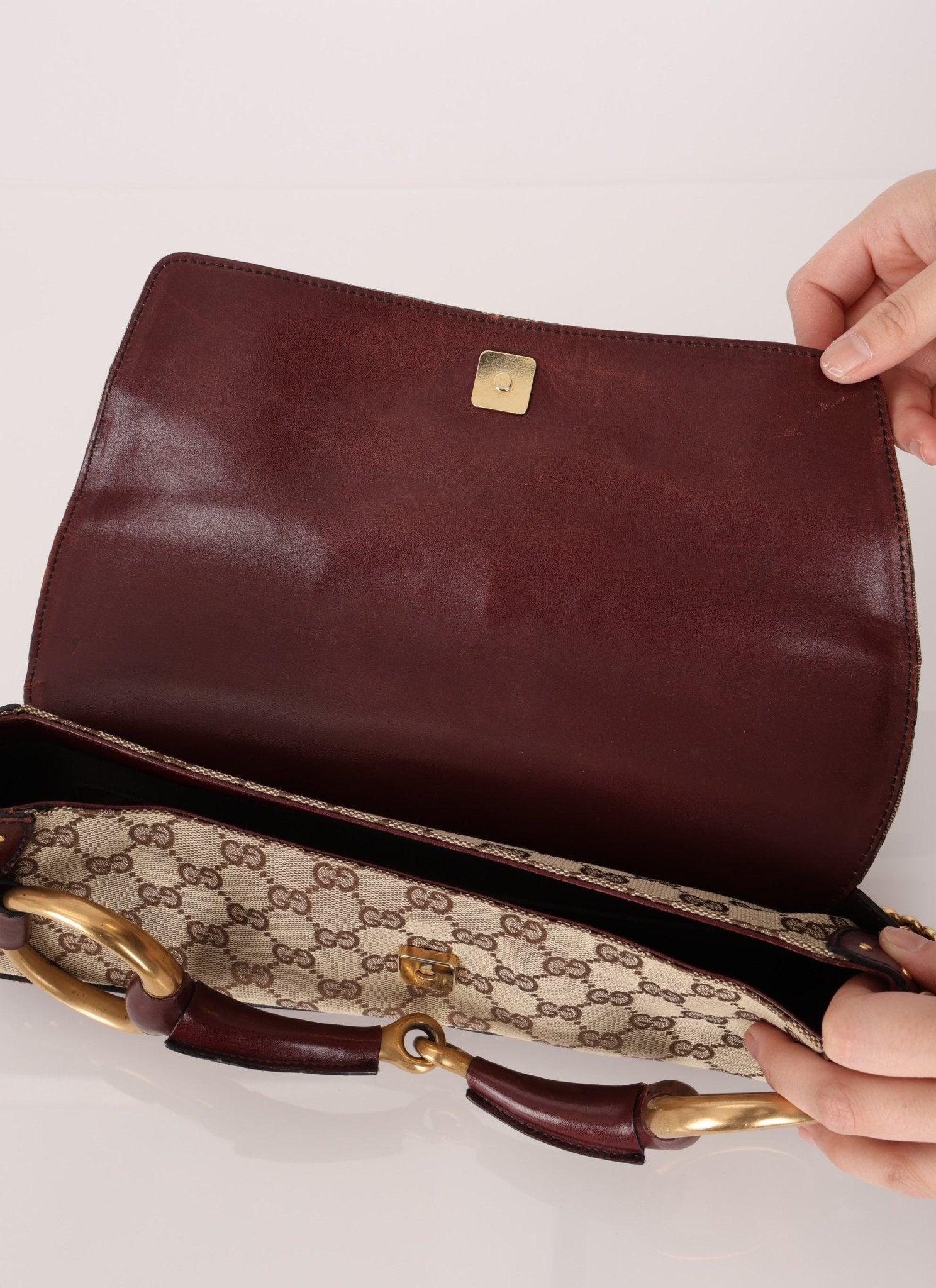 Gucci Monogram Bordeaux Horsebit Pochette - FashioNica