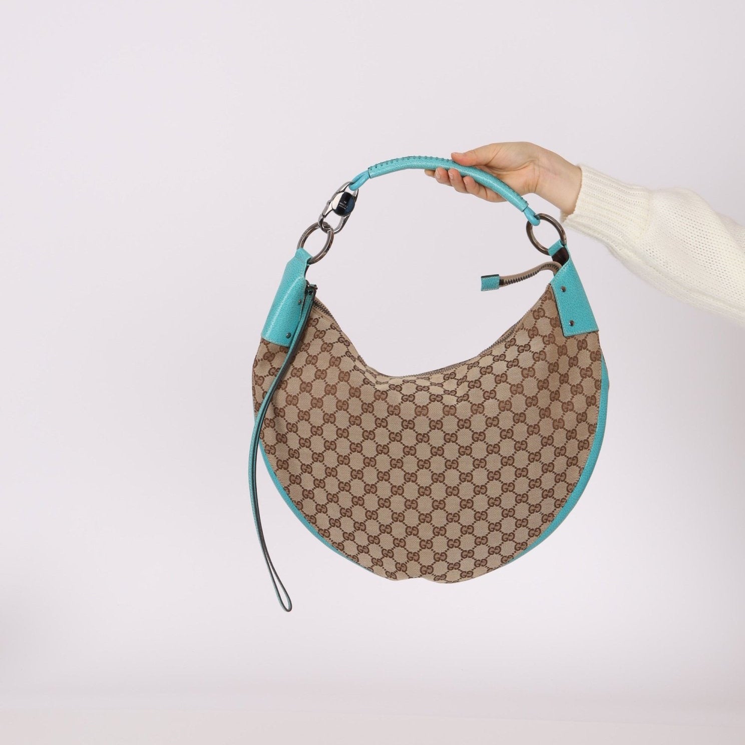 Gucci Monogram Canvas Half Moon Whipstitch Hobo - FashioNica